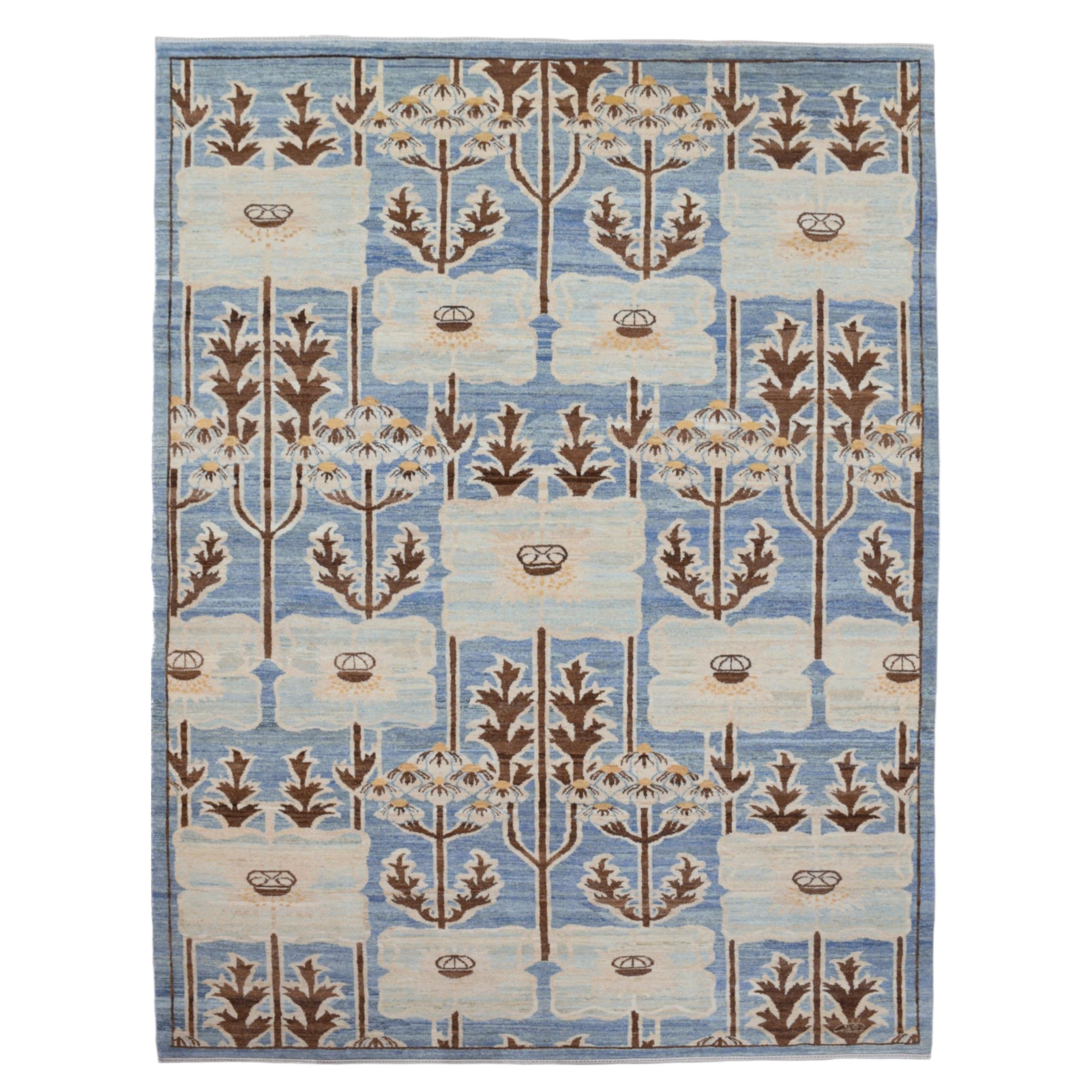 Tapis en laine 6 x 9 noué à la main, motif floral fantaisiste, bleu et crème, style Arts and Crafts