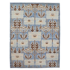 Whimsical Floral Hand-Knotted 6x9 Wool Rug in Blue and Cream, Arts and Crafts