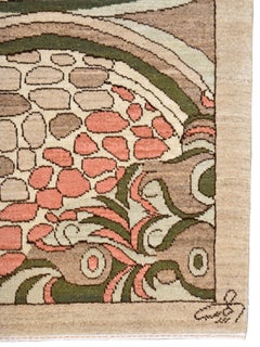 8x10 Hand-Knotted Wool & Silk Rug, Green Pink Abstract Floral Art Nouveau Design