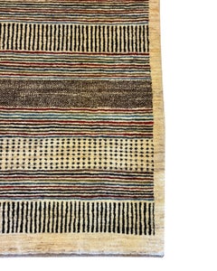 Neutral Vintage 1990s Hand-Knotted Wool Modern Tribal Geometric Striped Rug, 3x4