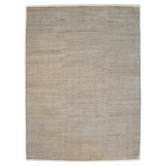 Minimalist 8x10 Hand-Knotted Wool Rug in Cream and Brown Checkered Pattern