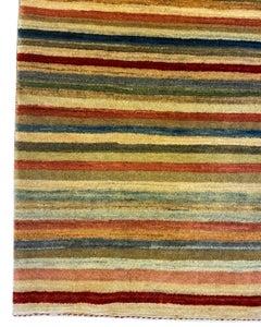 Modern 4x6 Colorful Striped Hand-Knotted Wool Rug, Green, Blue, Orange, Cream