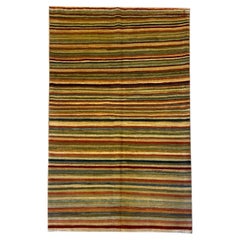 Modern 4x6 Colorful Striped Hand-Knotted Wool Rug, Green, Blue, Orange, Cream