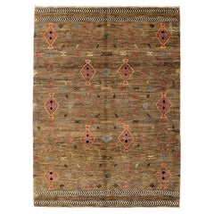 Cozy 4x6 Hand-Knotted Tribal Wool Rug in Warm Brown, Rust Red and Blue