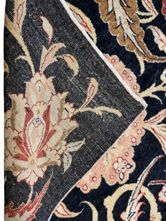 Dramatic 5x7 Black Floral Wool Rug in Red, Pink and Cream, Botanical Art Nouveau