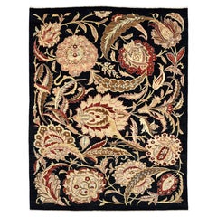 Dramatic 5x7 Black Floral Wool Rug in Red, Pink and Cream, Botanical Art Nouveau