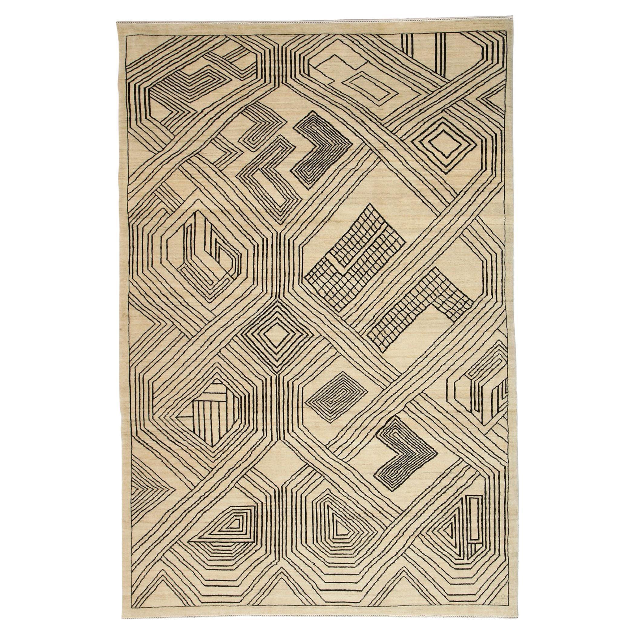 Tappeto persiano moderno di metà secolo, crema e grigio, lana, Orley Shabahang, 6
x 9