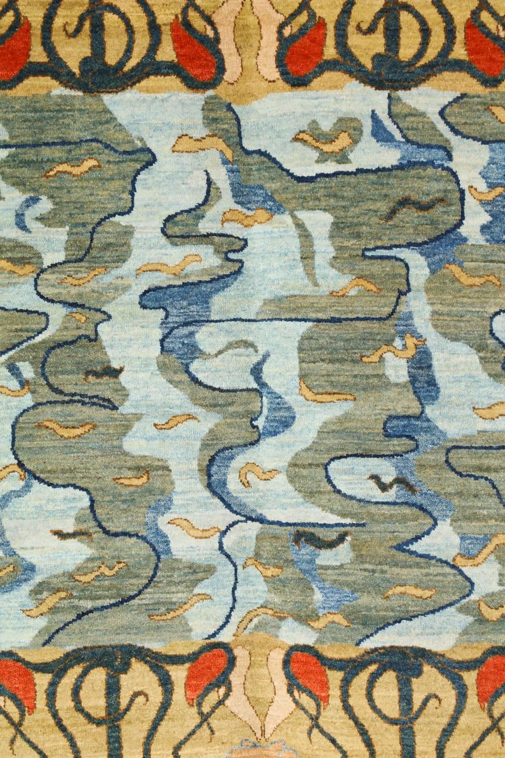 This Orley Shabahang signature carpet in handspun wool and organic vegetable dyes was completed using Orley Shabahang's signature Meyghan weaving technique. The wool is also of Orley Shabahang signature, derived from our own heard of Persian