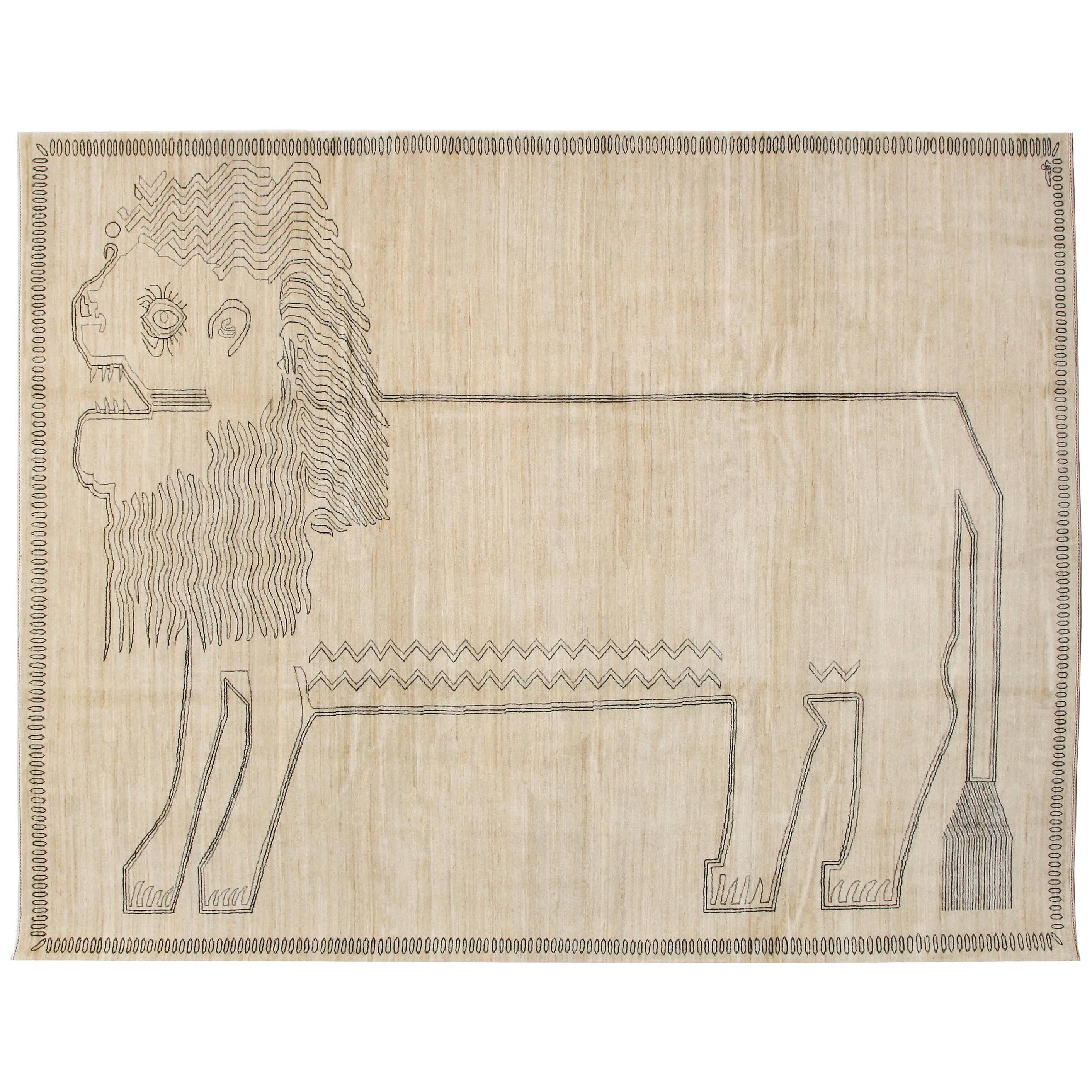 Primitive Tribal Persian Lion Rug, Cream, Gray, Black, Wool and Silk, 8' x 10' For Sale