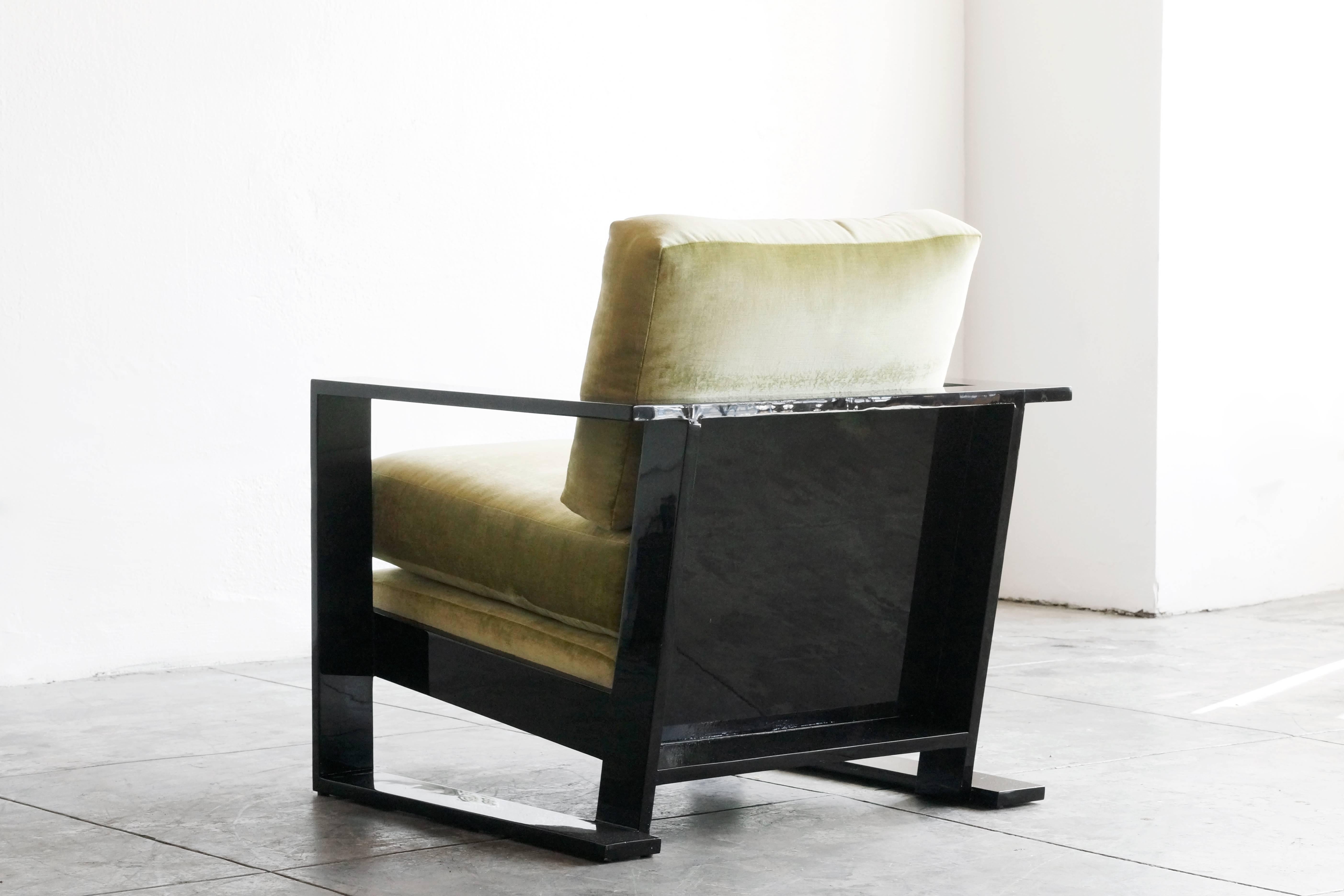 Lacquered wood  armchair in the style of Jean Royere. Fully restored frame and reupholstered seat in velvet. This sleek vintage modern piece may be a one of a kind! Rich lacquer finish is sure to brighten any room.

Dimensions: 30" D x