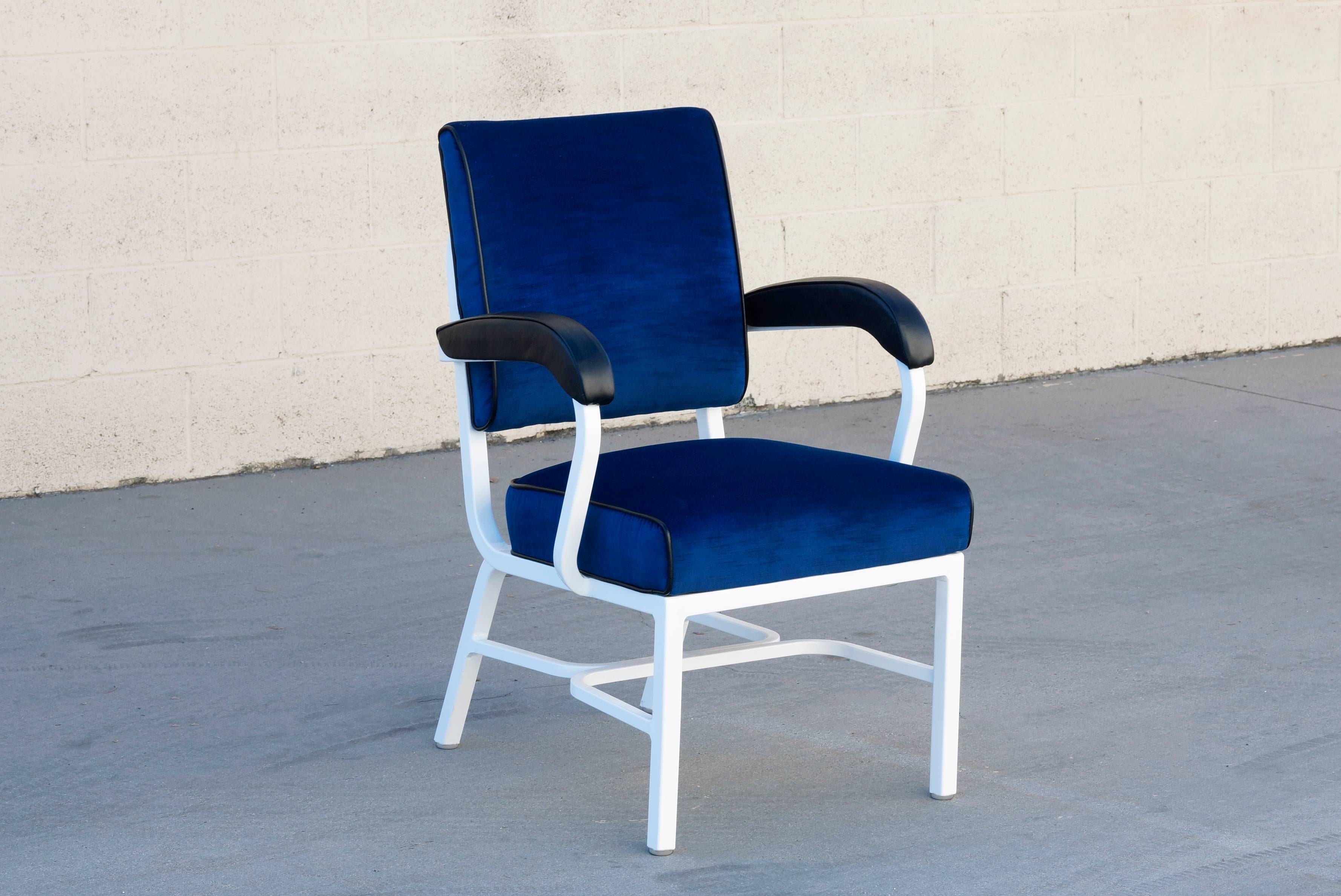 This fantastic, 1950s tanker armchair by General Fireproofing Co. is the perfect addition to your Mid-Century Modern workplace. Aluminum frame refinished in gloss white powder-coat. Seat reupholstered in high quality blue velvet with black leather