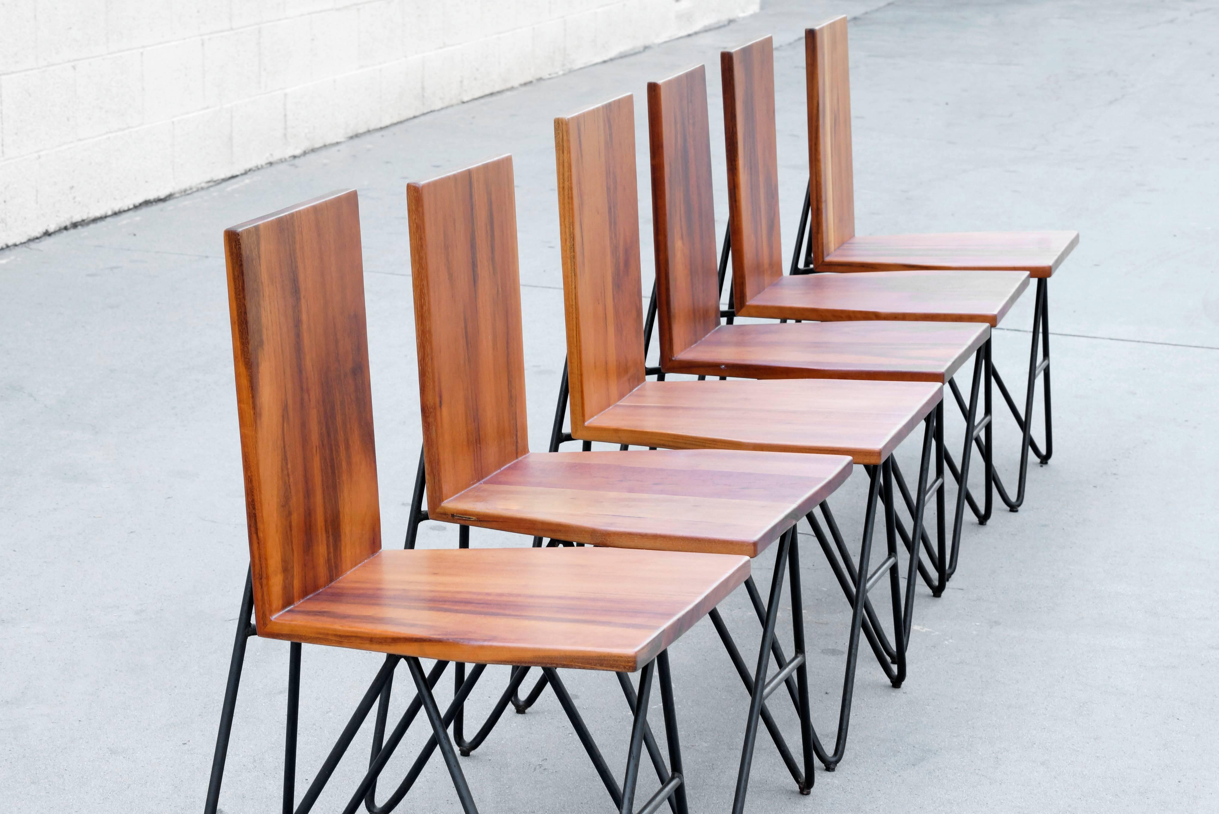 Set of Six Tiger Wood and Steel Modern Dining Chairs by Rehab Vintage