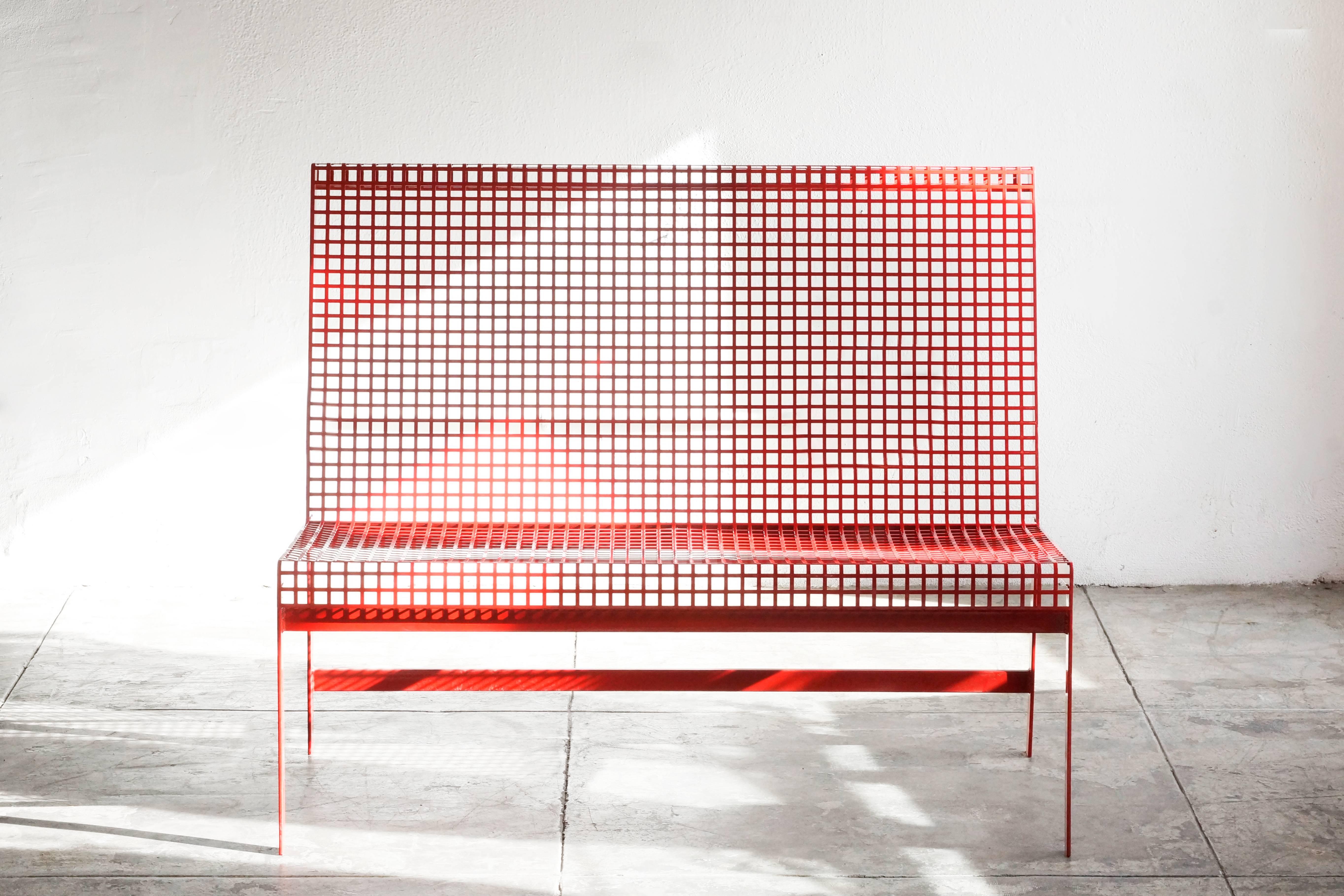 Our modernist inspired indoor/ outdoor bench is constructed of grid steel and powder coated in a pop of red. An excellent choice for a retail space, lobby or patio. 

Dimensions: 24