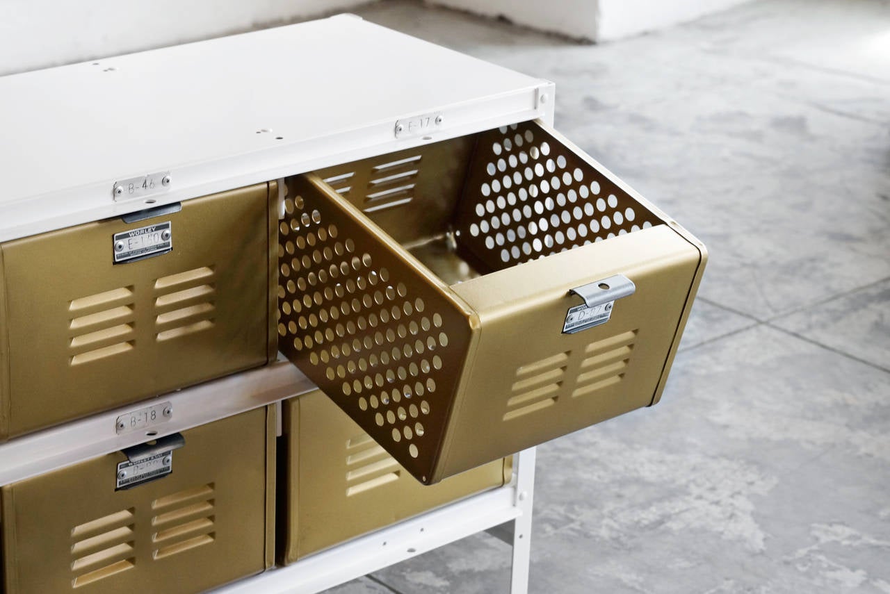 Powder-Coated Custom Made Locker Basket Unit in Sun Gold and White For Sale