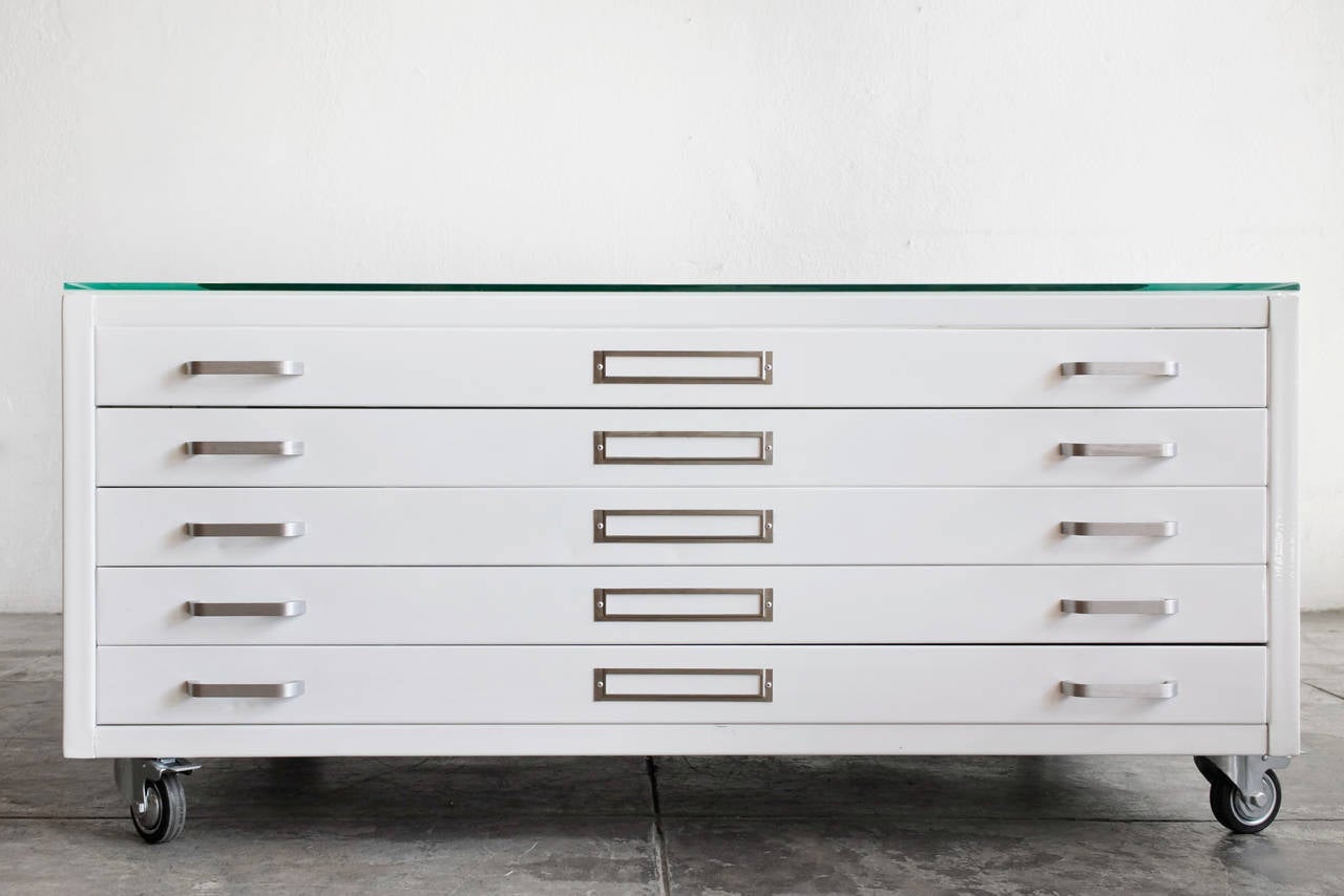 Mid-Century Modern Flat File Coffee Table in Gloss White with Glass Top, Custom Order