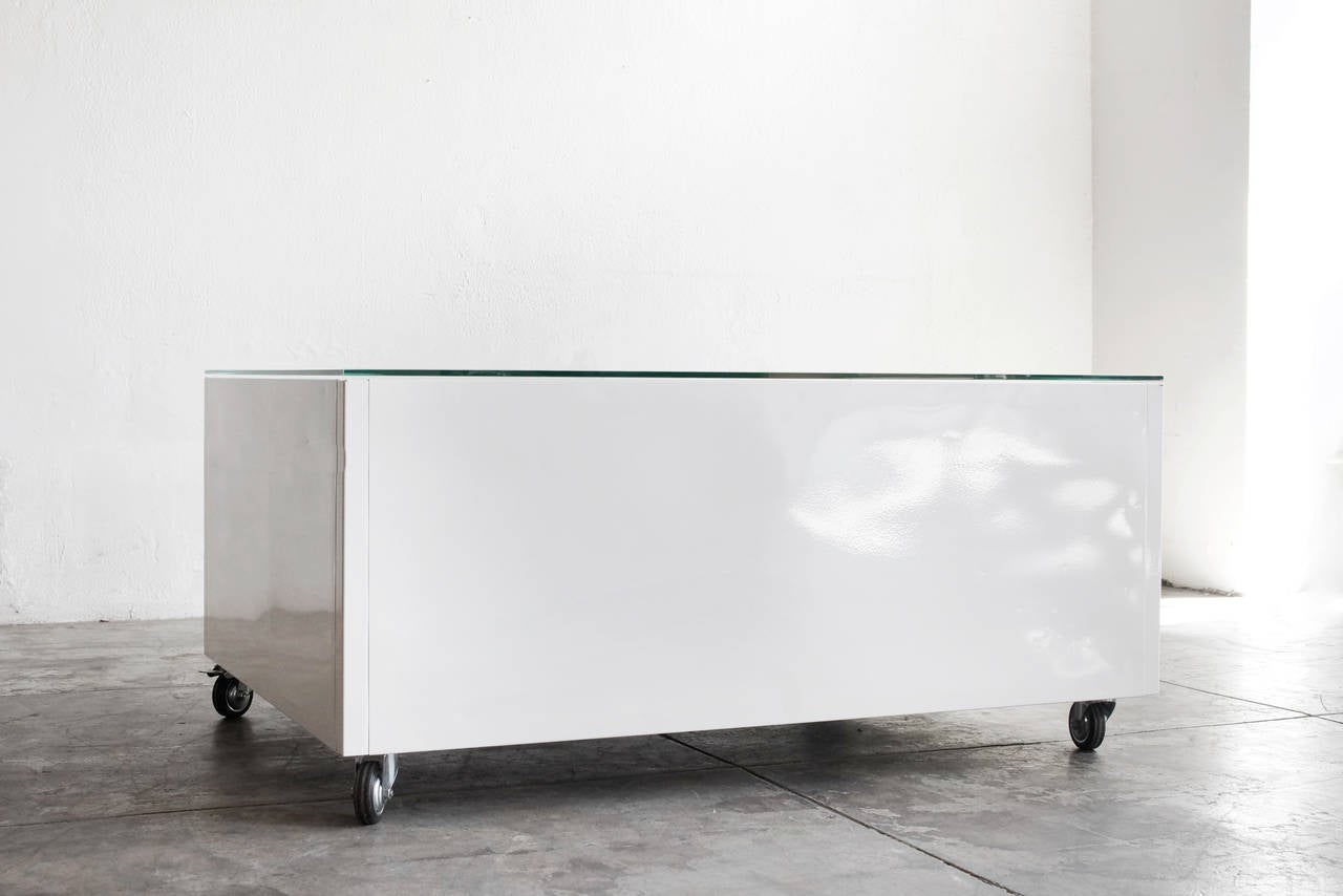 Powder-Coated Flat File Coffee Table in Gloss White with Glass Top, Custom Order