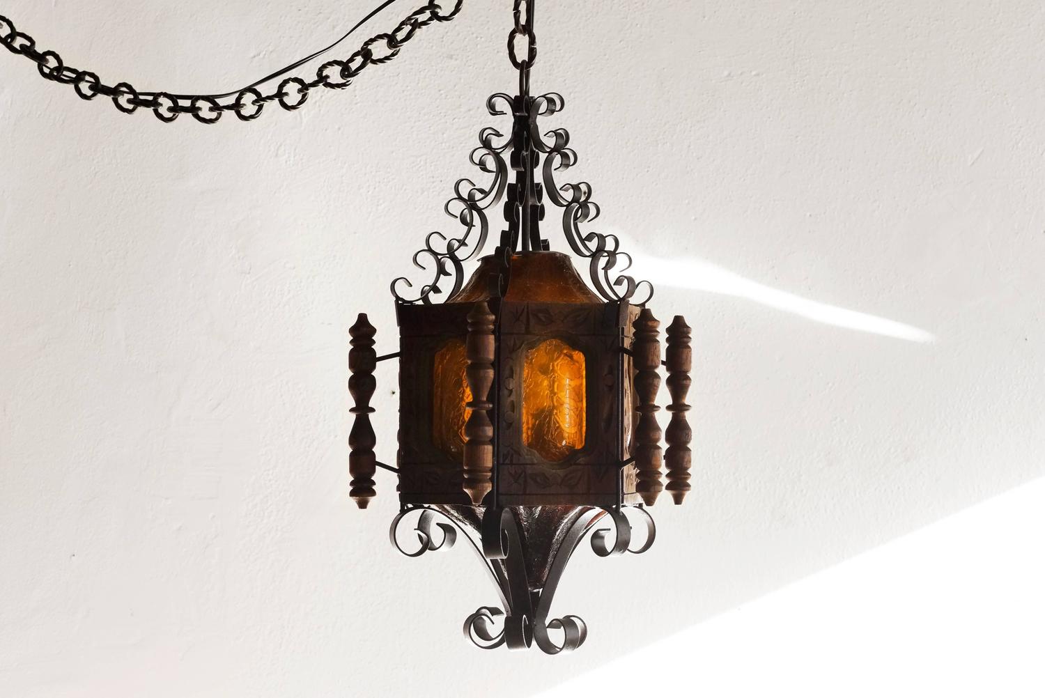 1960s Spanish Revival or Mexican Pendent Light, Wrought Iron at 1stdibs