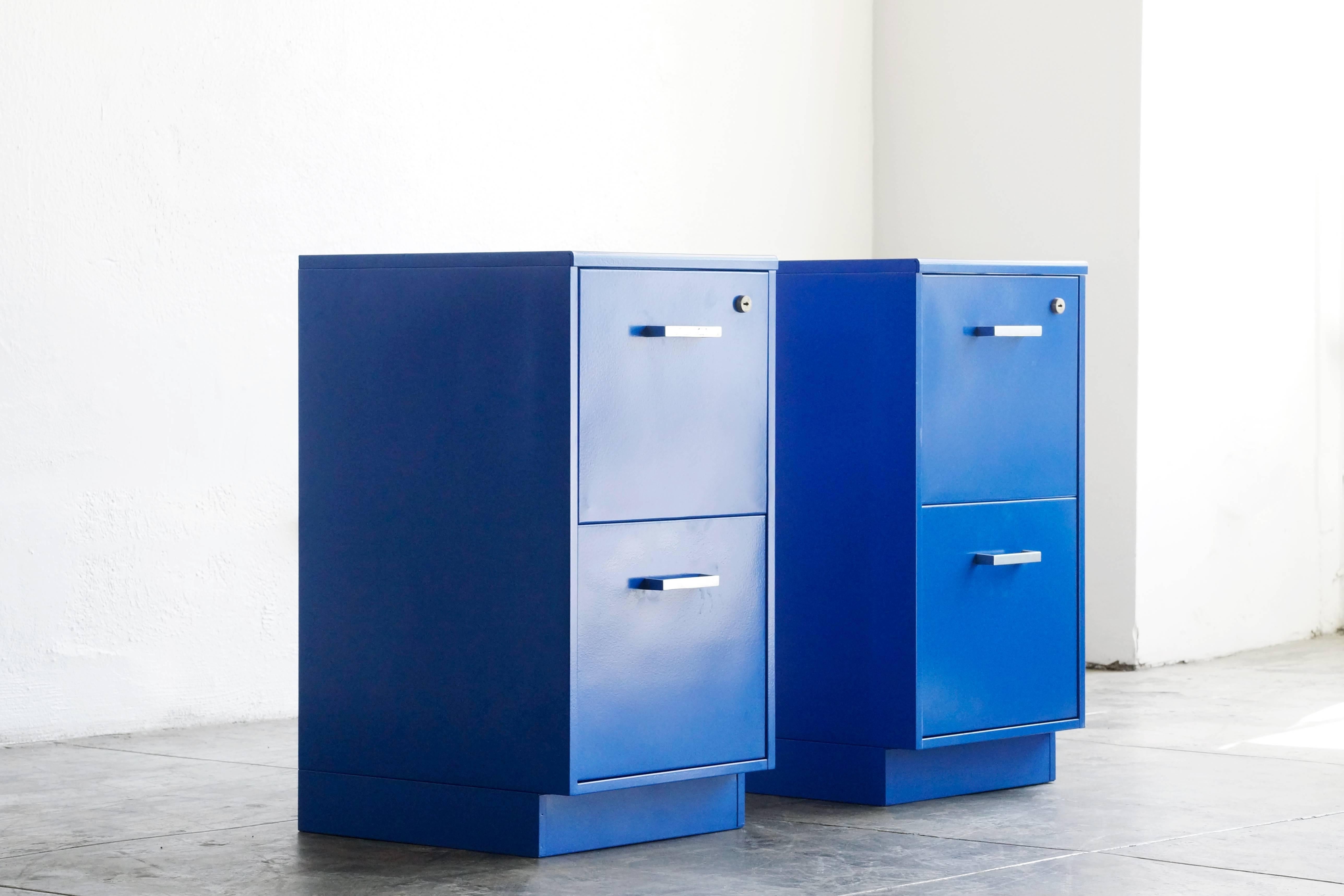 Vintage 1970s Steelcase file cabinets refinished in a satin blue powder coat. Getting organized never looked so good.

Priced individually. $650 each or $1100 for the pair. 

Dimensions: 18