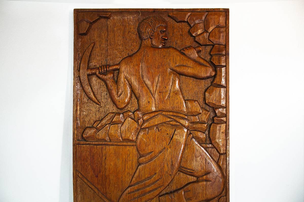 Very rare carved wood panel relief of African-American miner. Excellent condition.