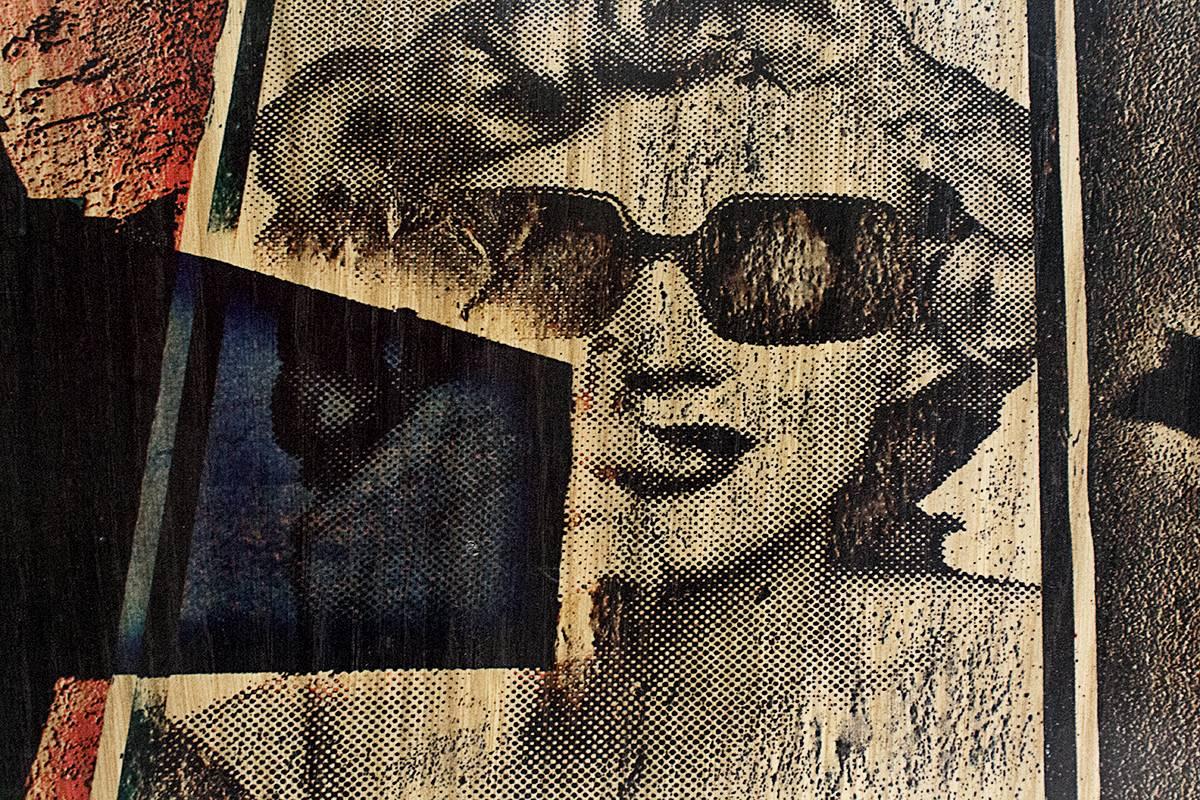 Creative photo of Los Angeles street art printed on wood featuring vintage photos of Marilyn Monroe and black panther Richard Aoki. Now that's an odd couple if there ever was one. 16" W x 24" H.

