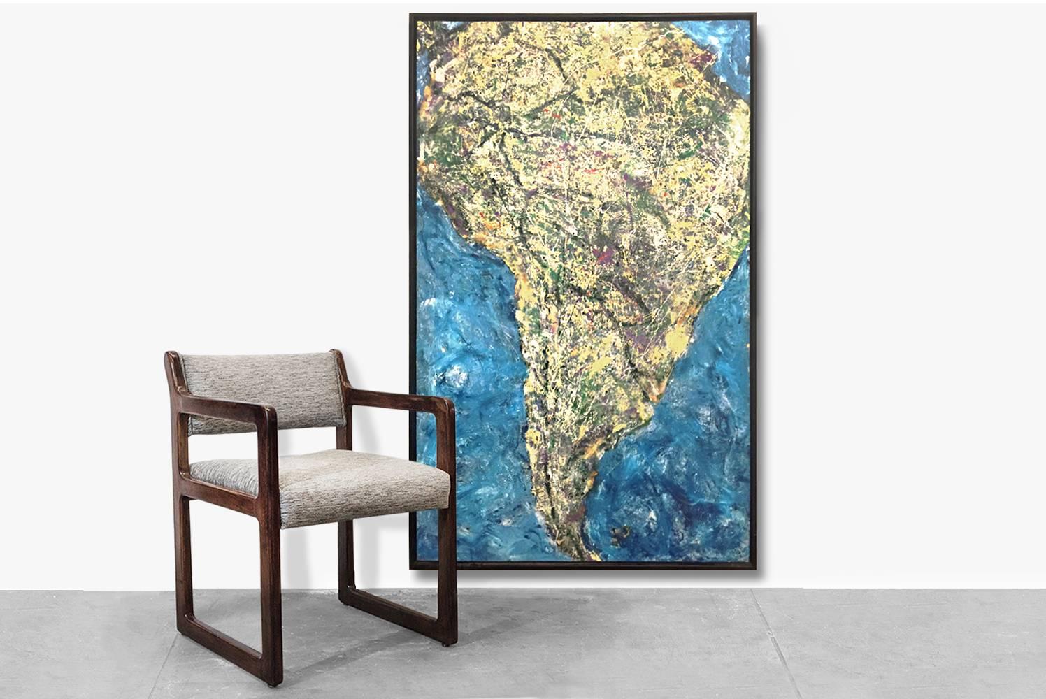 Wonderful abstract depiction of the South American continent with colorful drip technique and swirling pallette knife movement. 
Acrylic on Wood. Framed in a 3