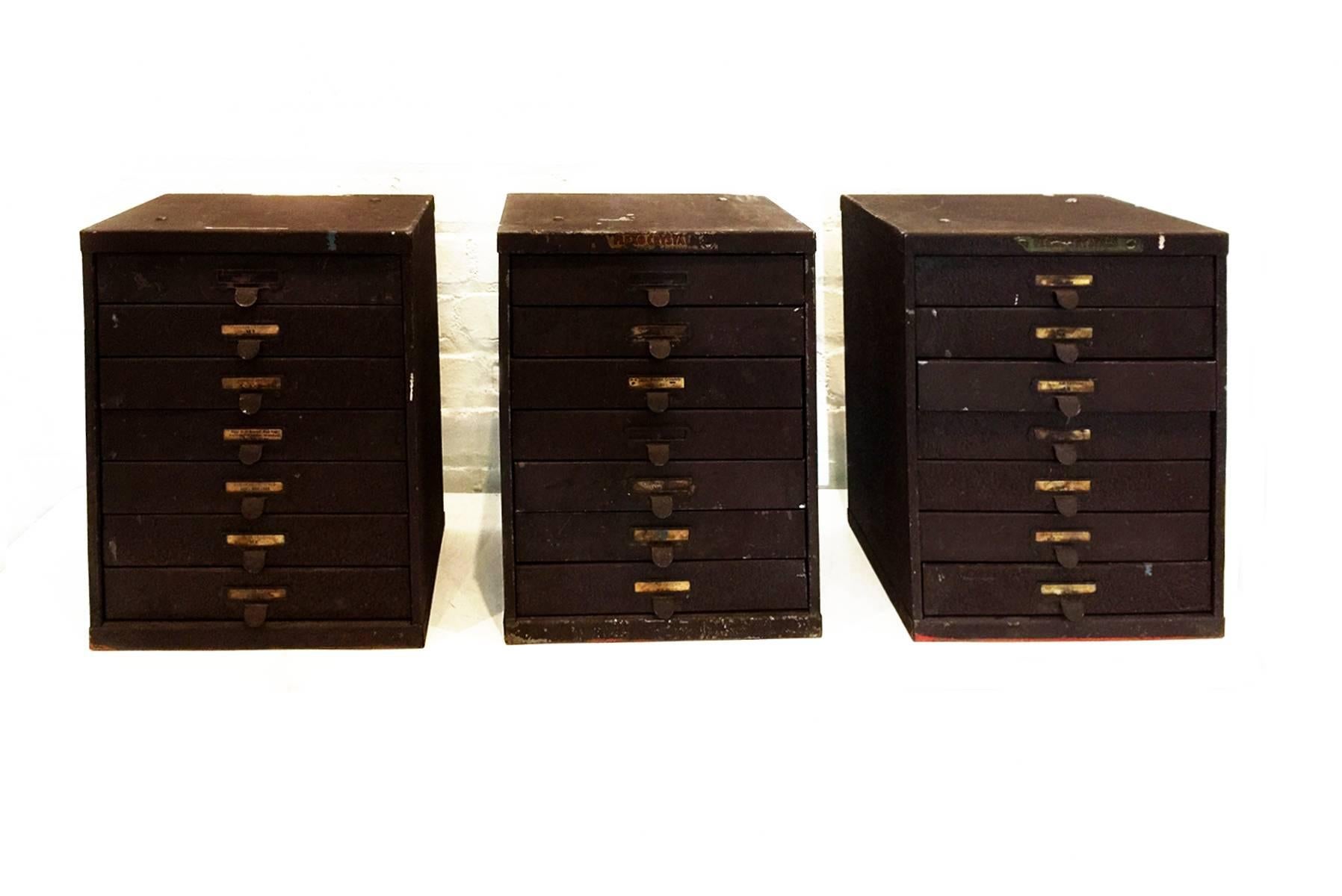Vintage Germanow & Simon seven-drawer watchmaker's cabinet. Originally used to store G-S Flexo-Crystal watch replacement crystals. Great storage option for watch collectors, jewelry makers, artists & craftsman. 2 SOLD, 1 AVAILABLE.

Dimensions:
