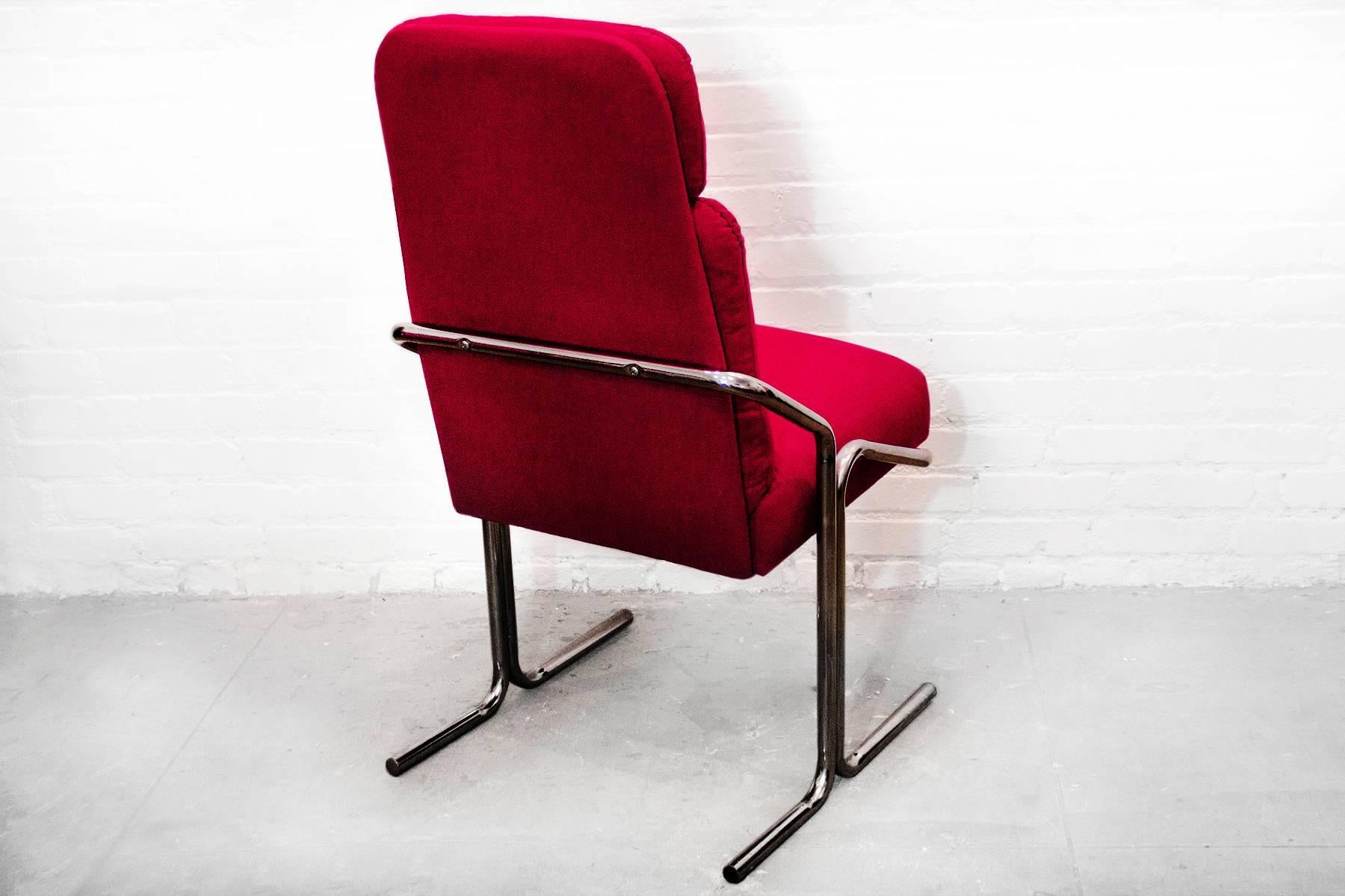 Rare high back model of the Douglas of California chrome tube lounge chair. Great Mid-Century Modern Classic has been reupholstered in a crimson red micro-linen fabric. Chrome repolished. Good vintage condition. 

Dimensions: 23