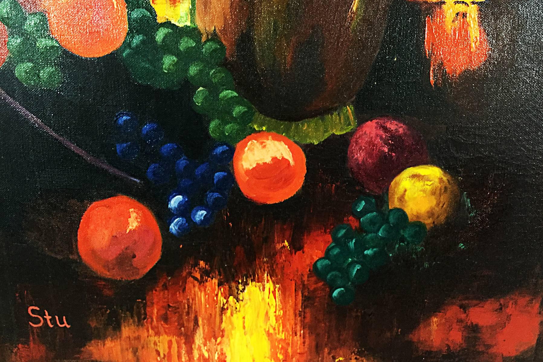 Groovy amateurish still life oil painting by Stu. Very painterly with vibrant colors and hand-painted frame from Mexico. Nice mid-century wall decor.
Dimensions: 2