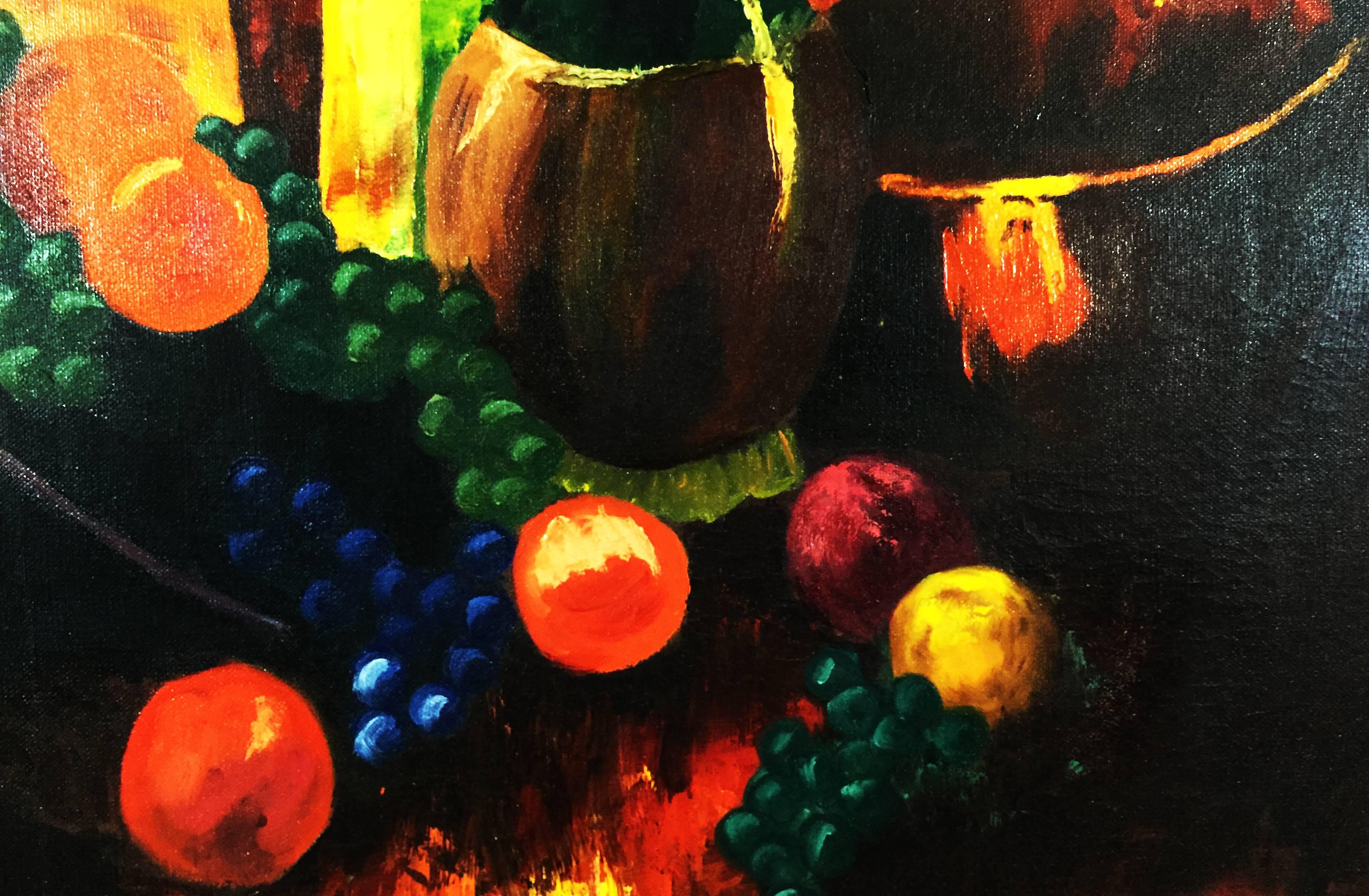 Mid-Century Modern Still Life Oil Painting of Wine and Fruit by Stu, 1970s For Sale