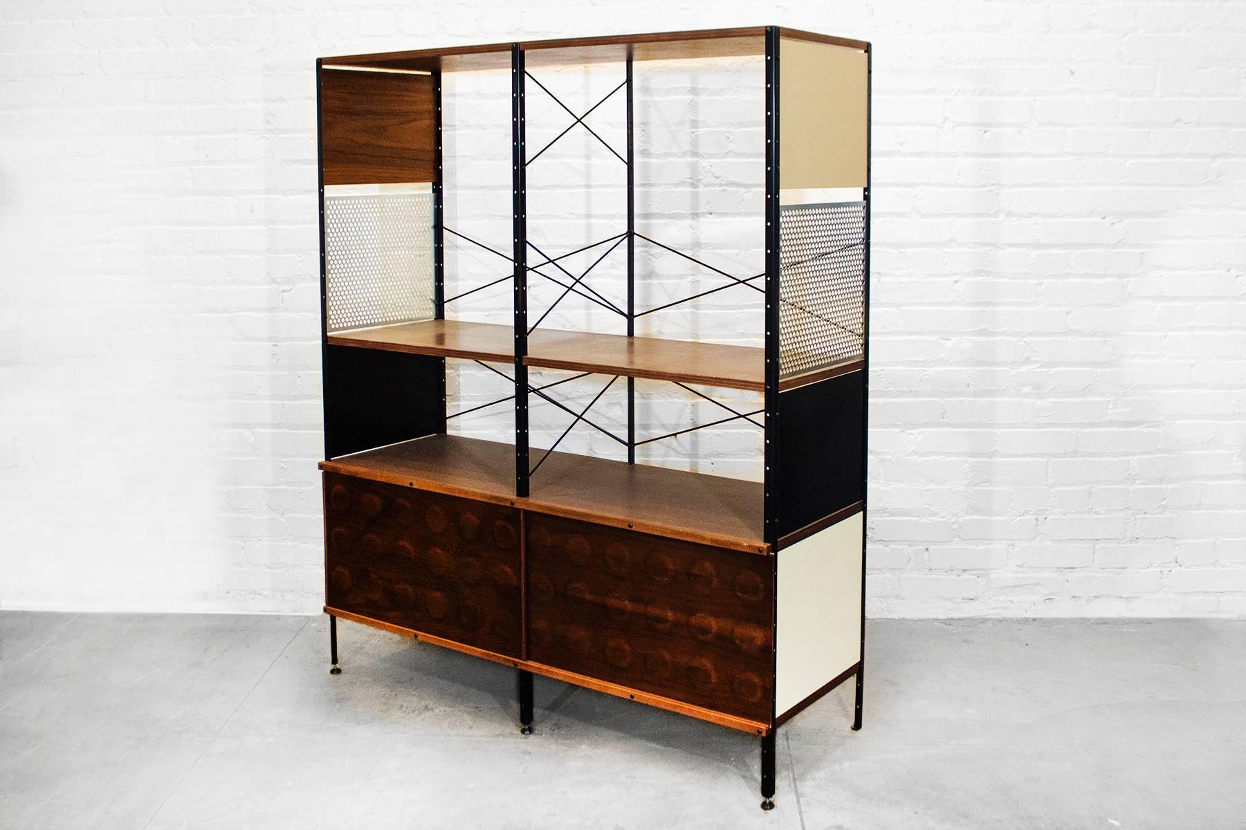 Reproduction of the Classic Eames case study shelving from Modernica in Los Angeles, CA features two shelves with sliding door cabinets on the bottom. 

Dimensions: 16