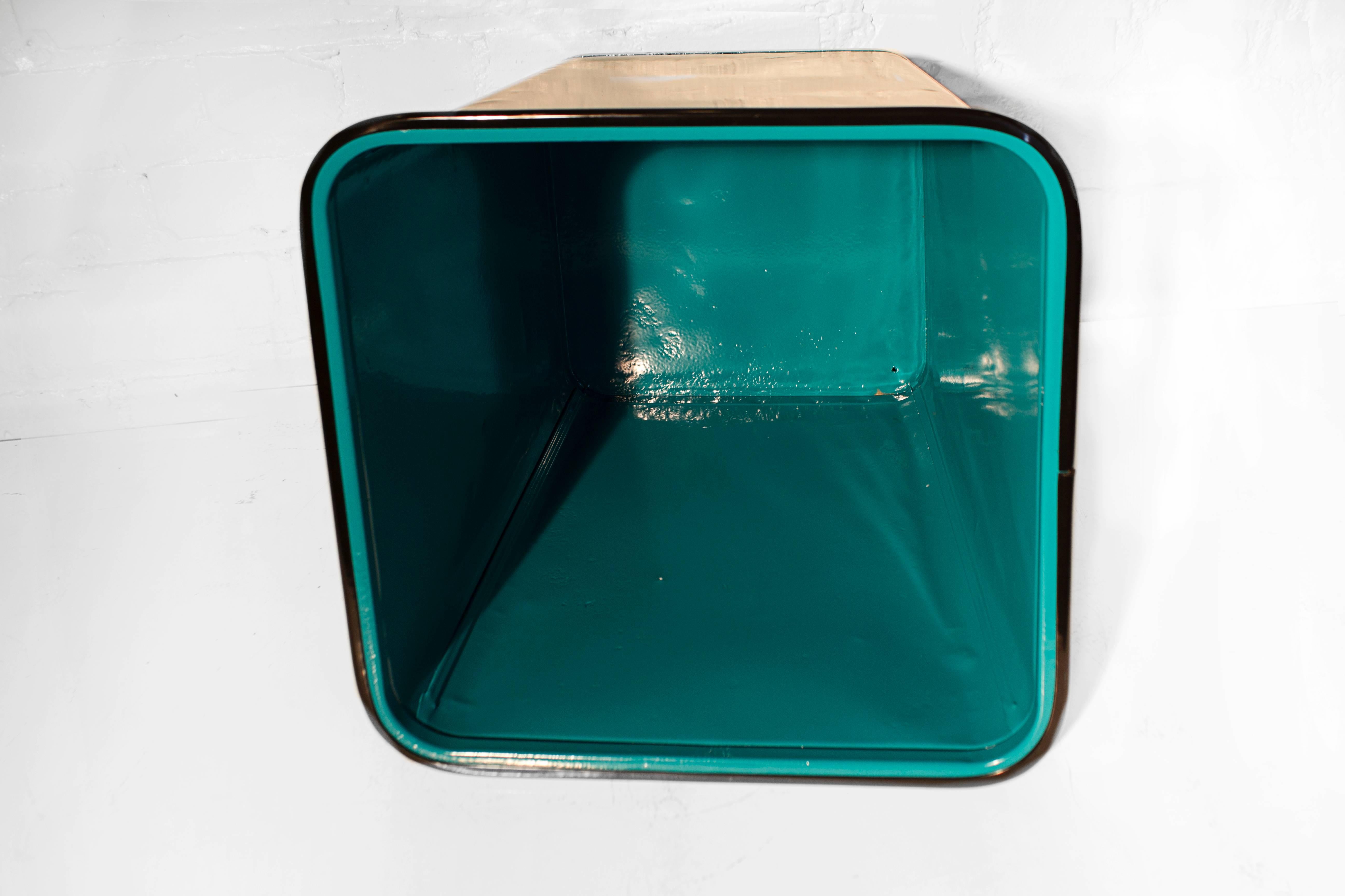 Powder-Coated Machine Age Steel Trash Can in Teal, circa 1930s