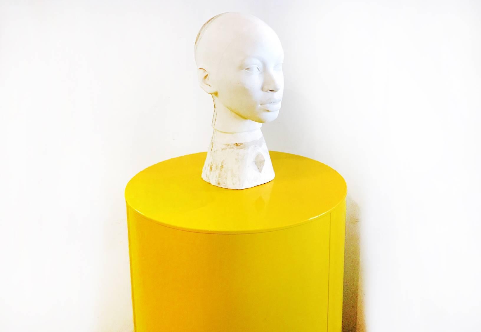 Great vintage steel pedestal refinished in powder-coat yellow. Great for sculpture base, plants, retail display or tall side table.

Dimensions: 17.25" diameter x 36" height.