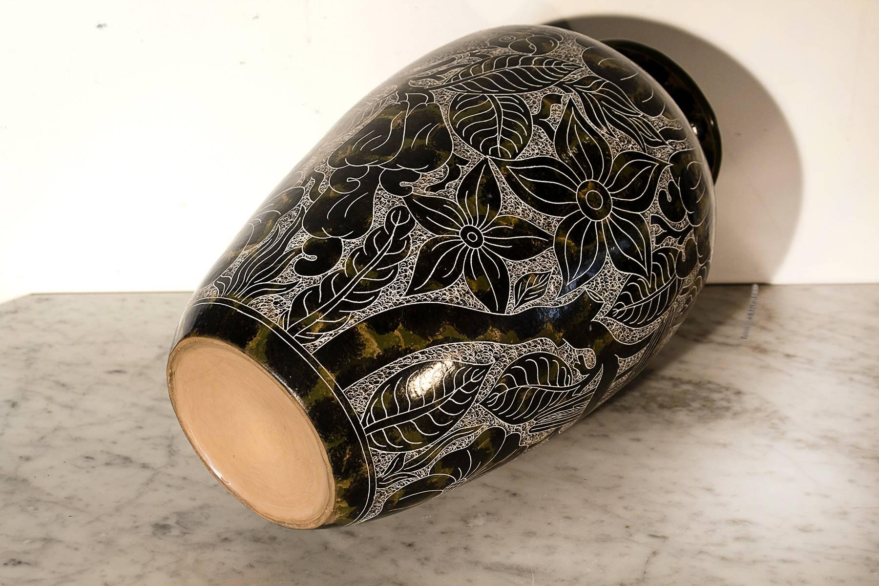 Modern Lourdes Martinez Hand Etched Ceramic Vase