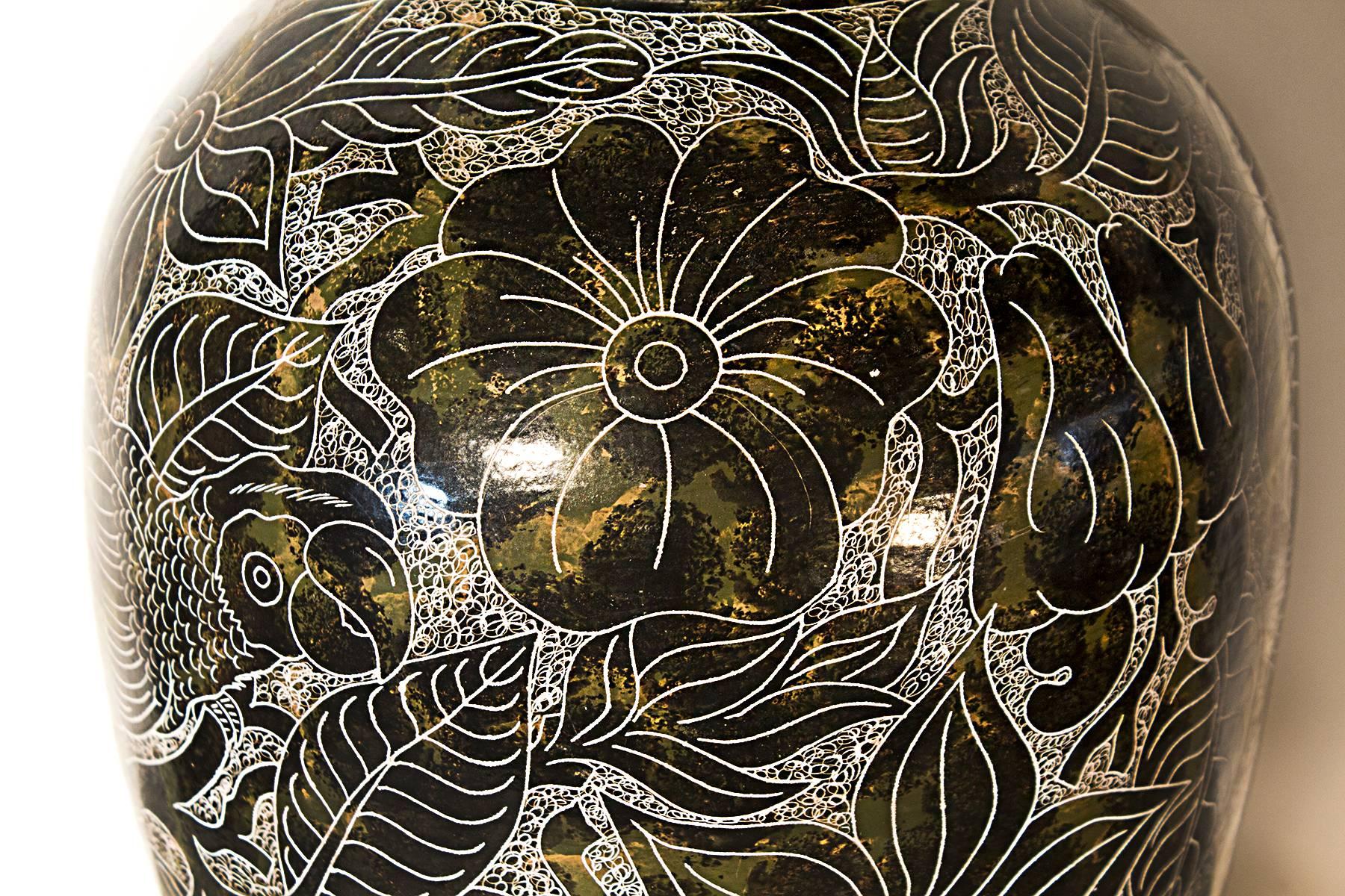 Lourdes Martinez Hand Etched Ceramic Vase In Excellent Condition In Alhambra, CA