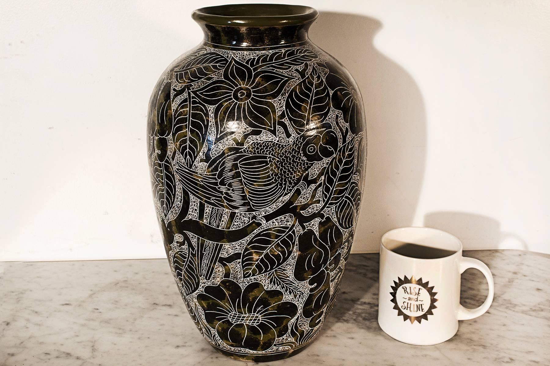 Late 20th Century Lourdes Martinez Hand Etched Ceramic Vase