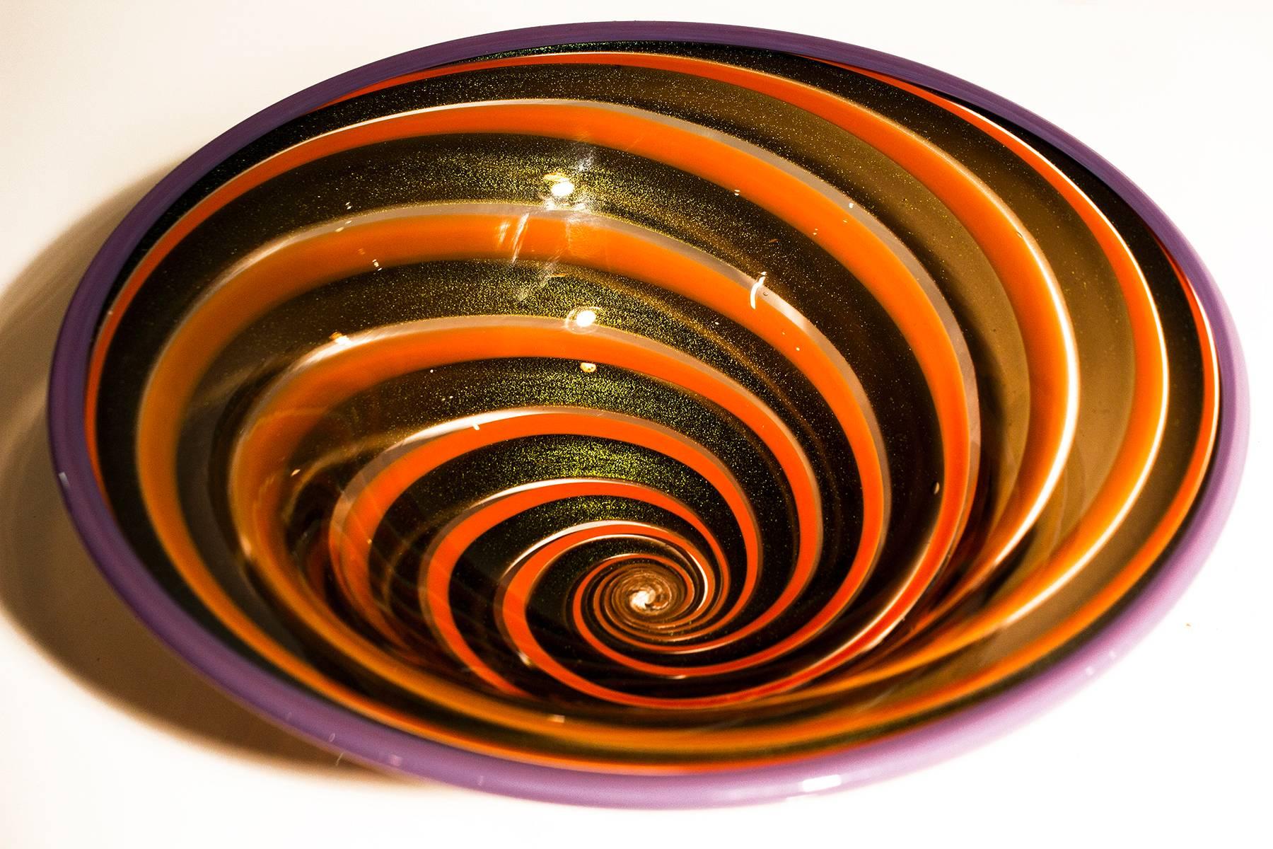 Modern Exquisite Gold Fleck and Orange Swirl Art Glass Bowl, Signed
