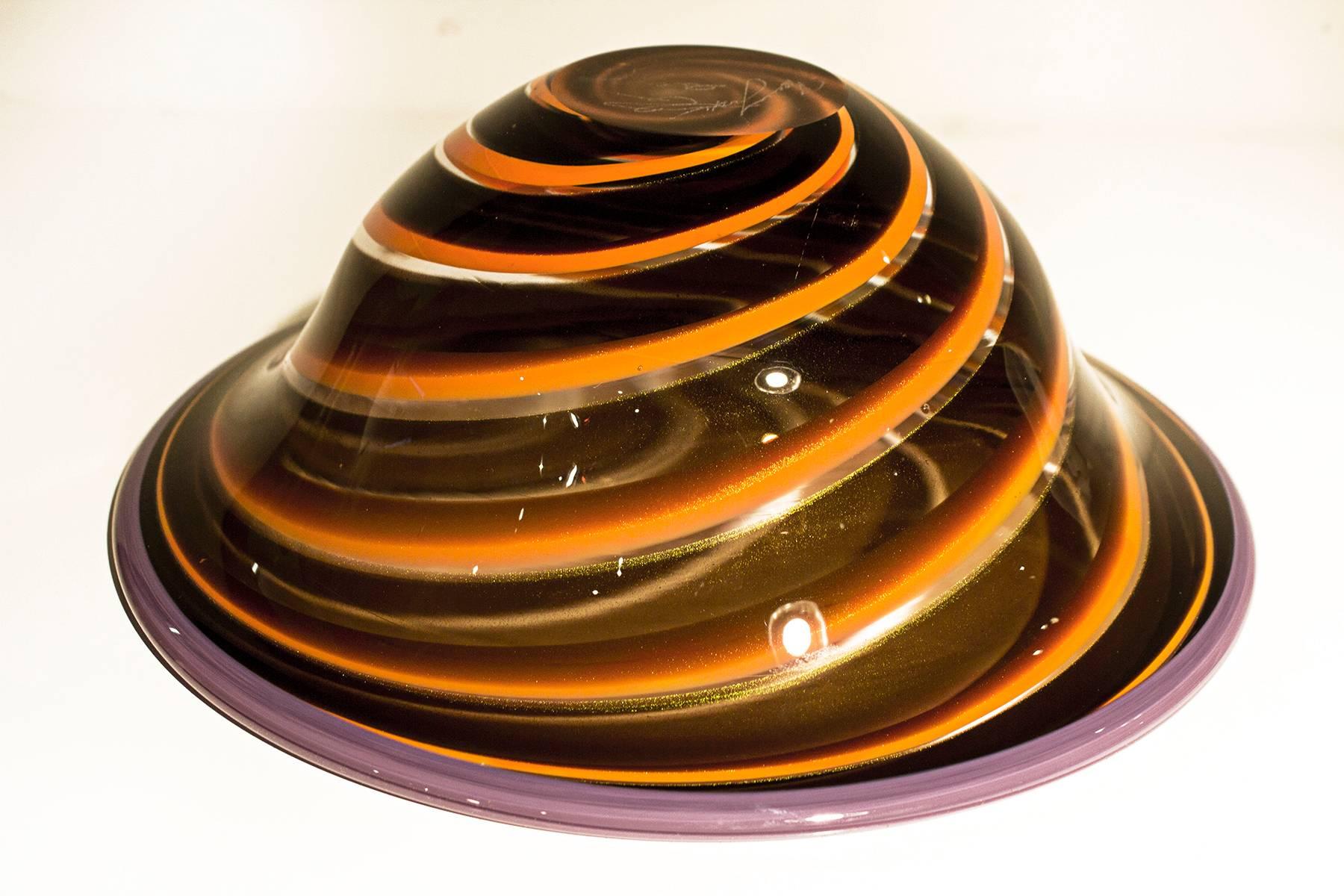 Contemporary Exquisite Gold Fleck and Orange Swirl Art Glass Bowl, Signed
