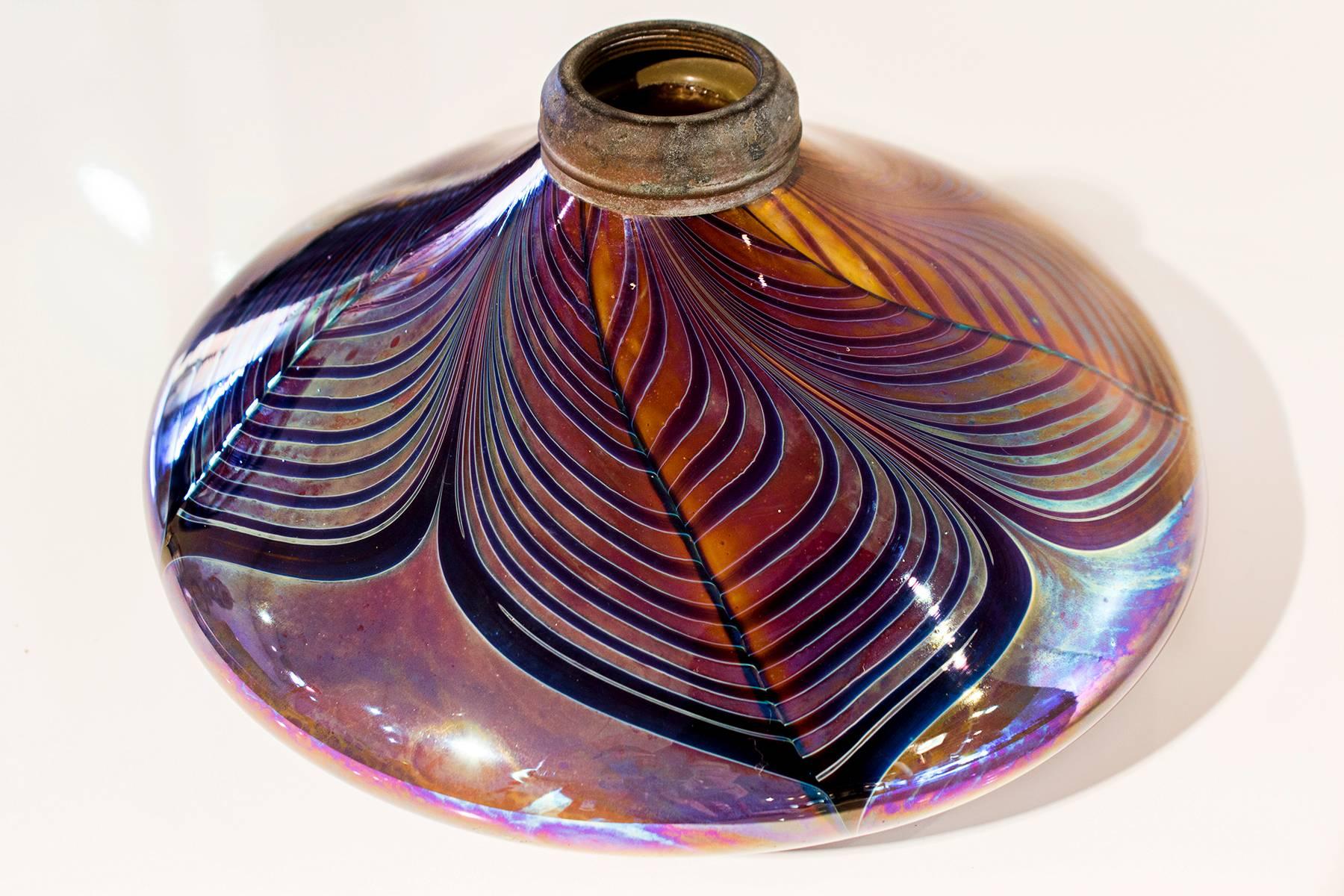 Late 20th Century Hartman Pulled Feather Art Glass Oil Lamp
