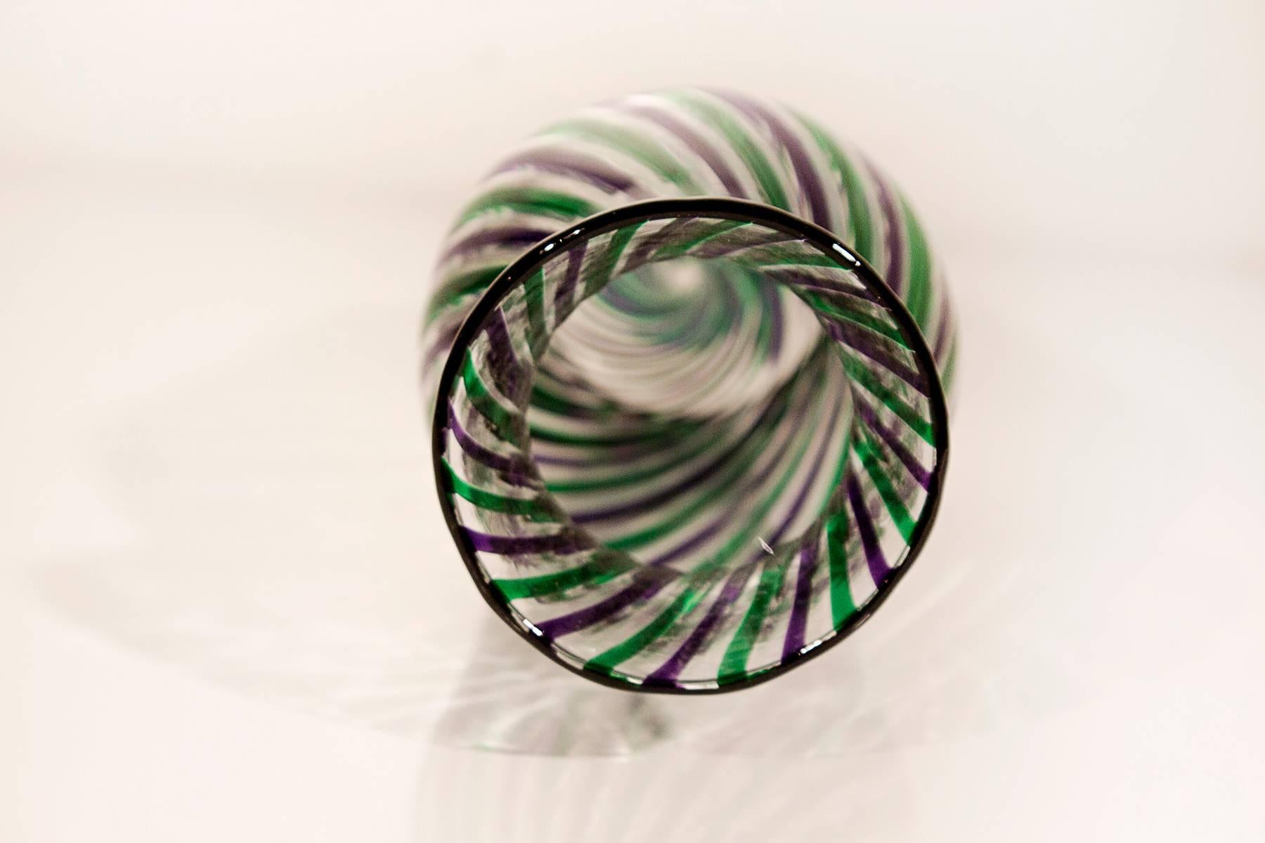 Delicate Green and Purple Ribbon Swirl Glass Vase, Signed In Excellent Condition In Alhambra, CA