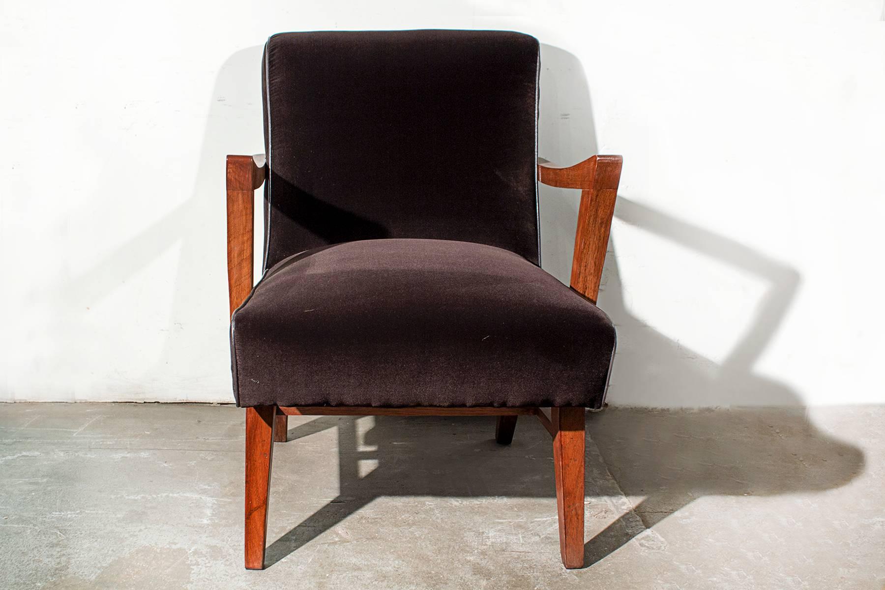Stylish Mid-Century wood armchair in the style of Edward Wormley for Dunbar. Refinished maple frame with soft micro-velvet fabric. Super comfy.

Measures: 24.5" W x 26" D x 32" H seat height 17 1/2".