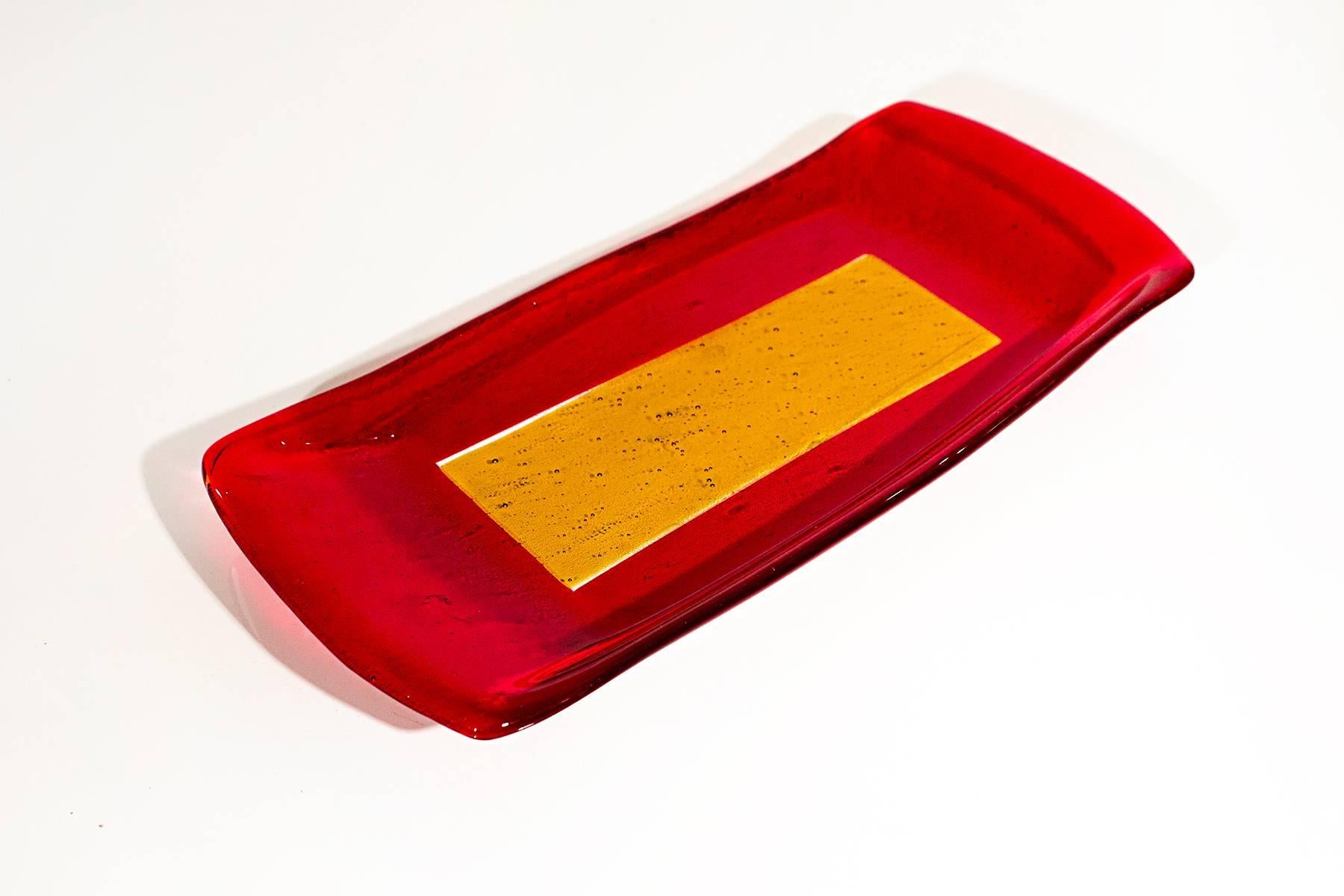 Modern Fabulous Red and Yellow Art Glass Tray, Signed