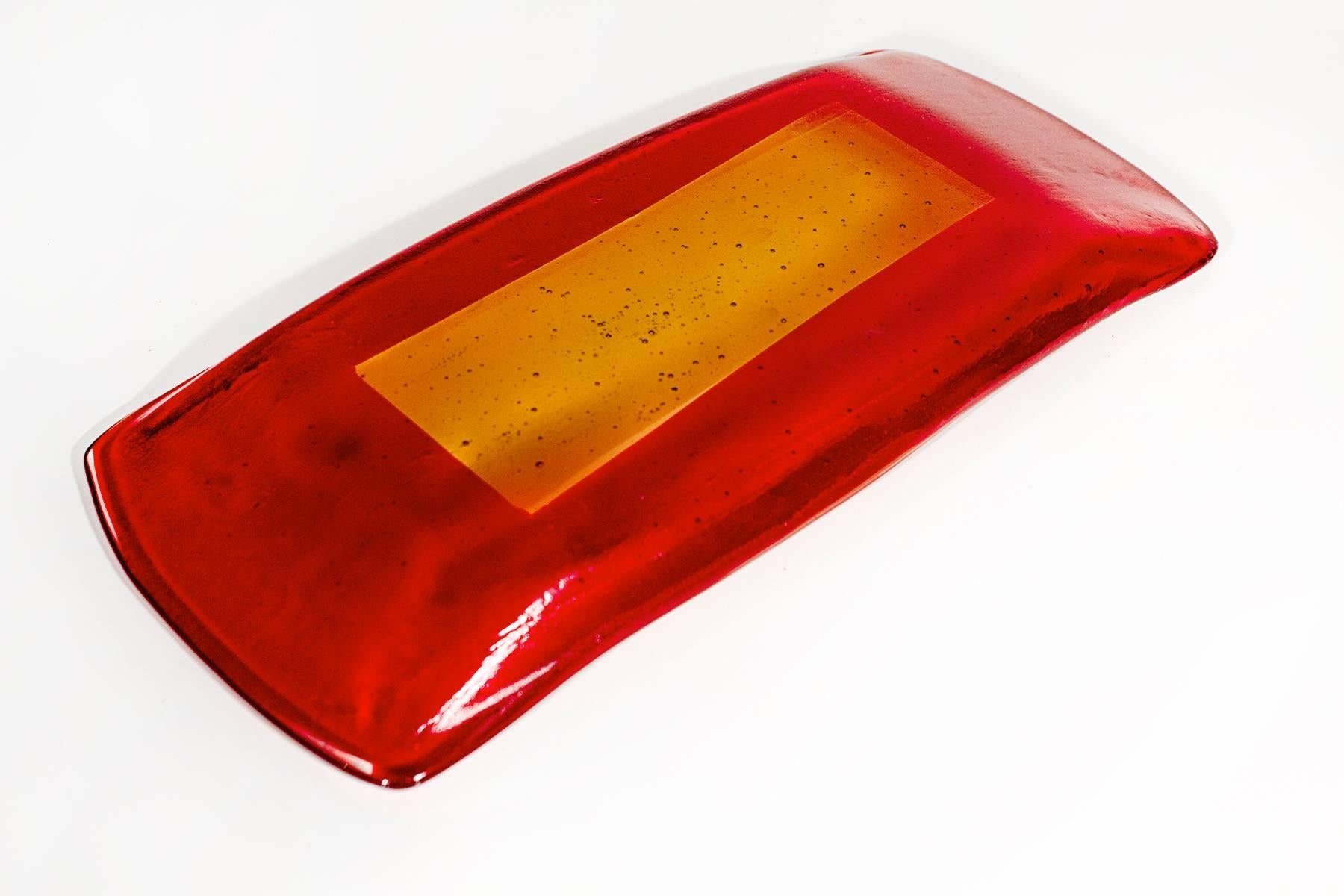 Fabulous Red and Yellow Art Glass Tray, Signed In Excellent Condition In Alhambra, CA