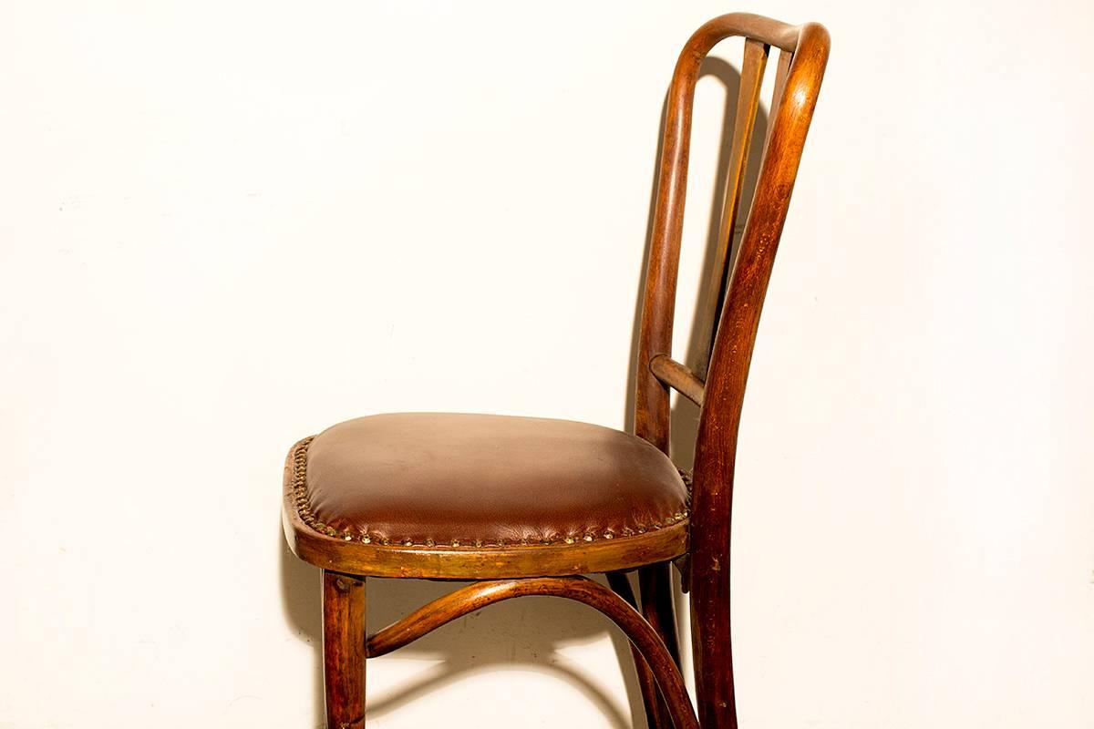 American Craftsman Pair of Rare Thonet Bistro Chairs with Leather Seats, circa 1900