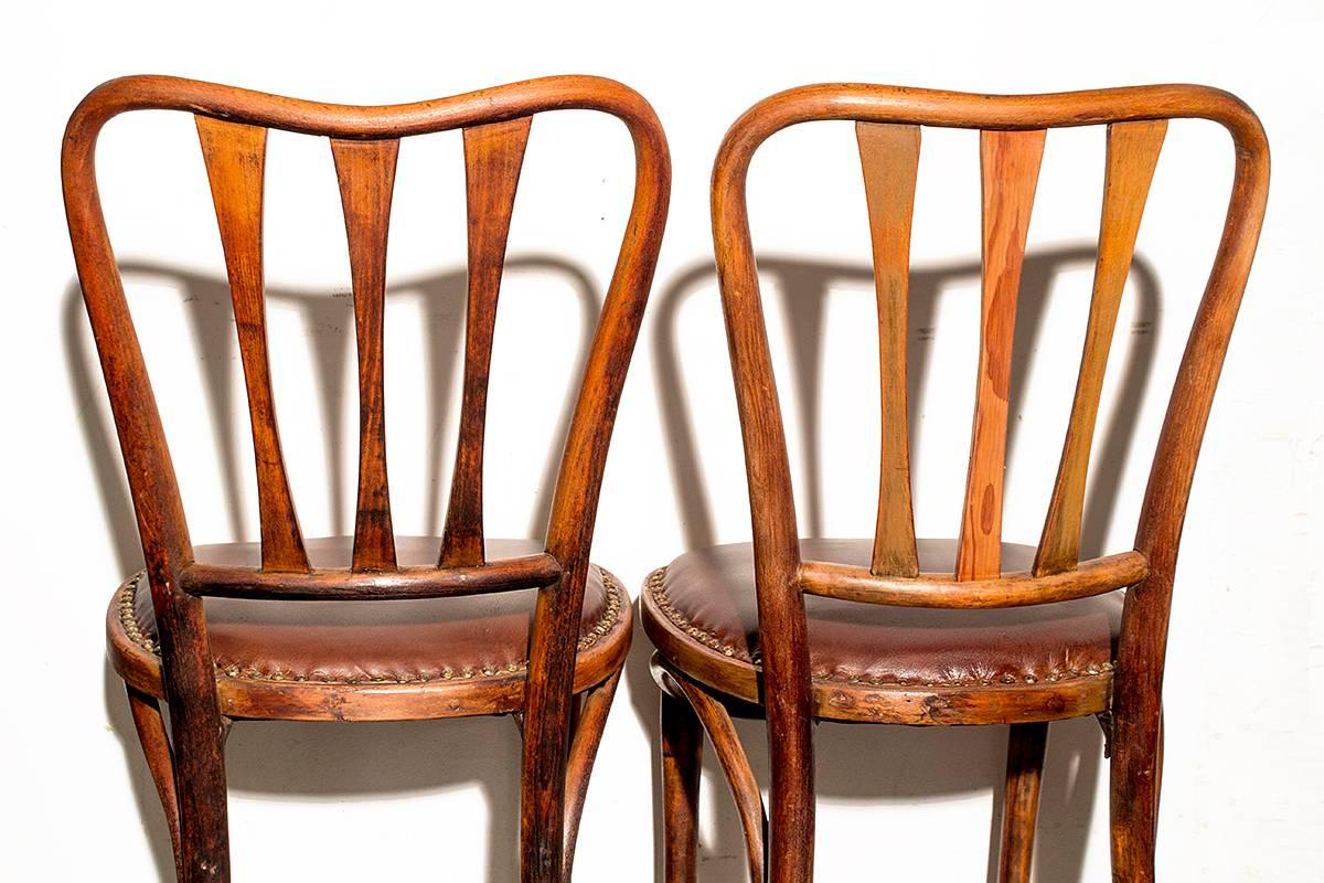 Czech Pair of Rare Thonet Bistro Chairs with Leather Seats, circa 1900