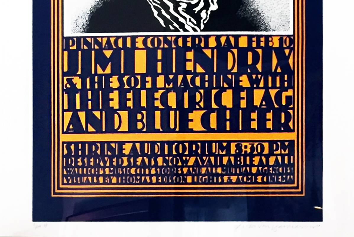 Signed and numbered artist's proof of a 2013 commemorative printing of this iconic John Van Hamersveld "Hendrix Pinnacle" 1968 Shrine Auditorium concert poster published by Obey Giant. Only 180 prints were available from the series, but