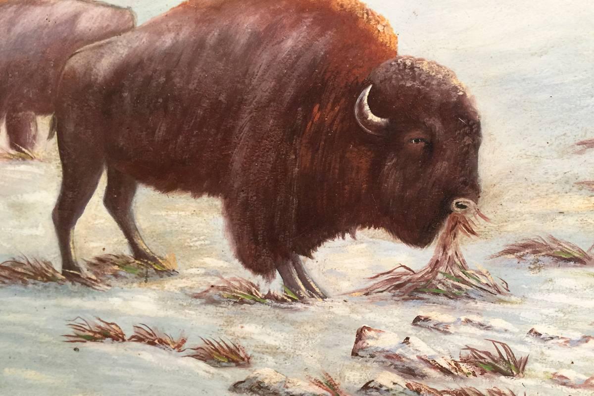 Masterfully painted "Buffalo on the Range" oil on tin artwork by American landscape painter J. Albert Sylvia. Surface paint is intact, with some yellowing of the varnish. Small holes around the edges of panel as if it was hung on a wall