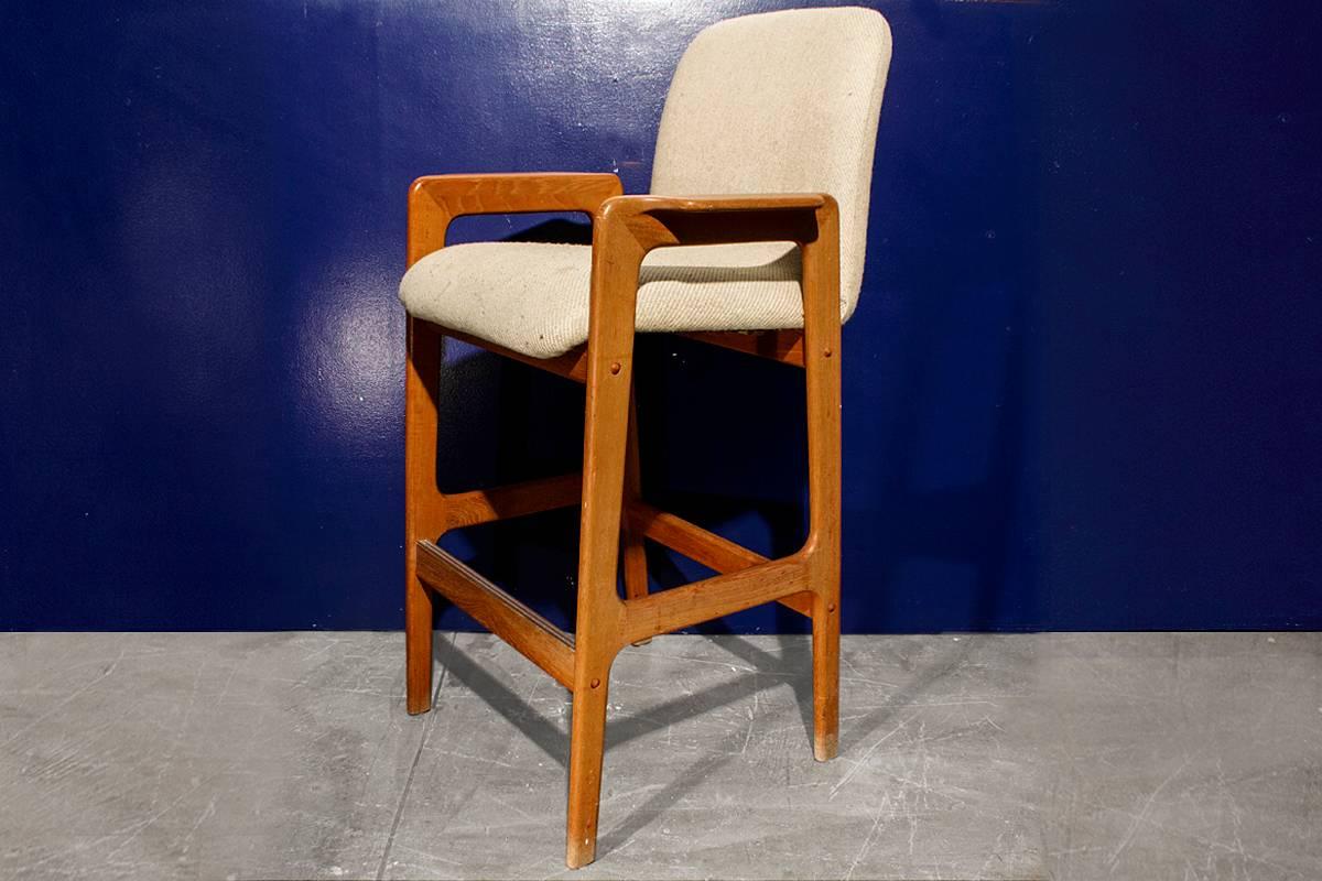 Very clean pair of Benny Linden Teak bar stools with original cloth upholstery. Danish design manufactured in Thailand by Sun Wood. Can be reupholstered in COM for an additional charge.

Measures: 22 1/2