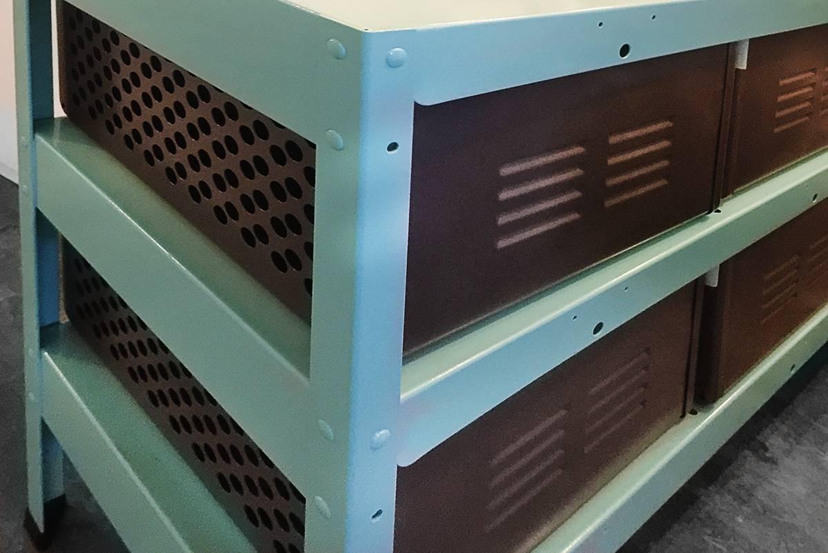 This four wide x two high unit has been refinished in Tiffany blue and natural steel. The baskets are sandblasted and hand sanded with a clear powder coat finish.
Frame is powder coated in Tiffany blue. Other colors and configurations are also