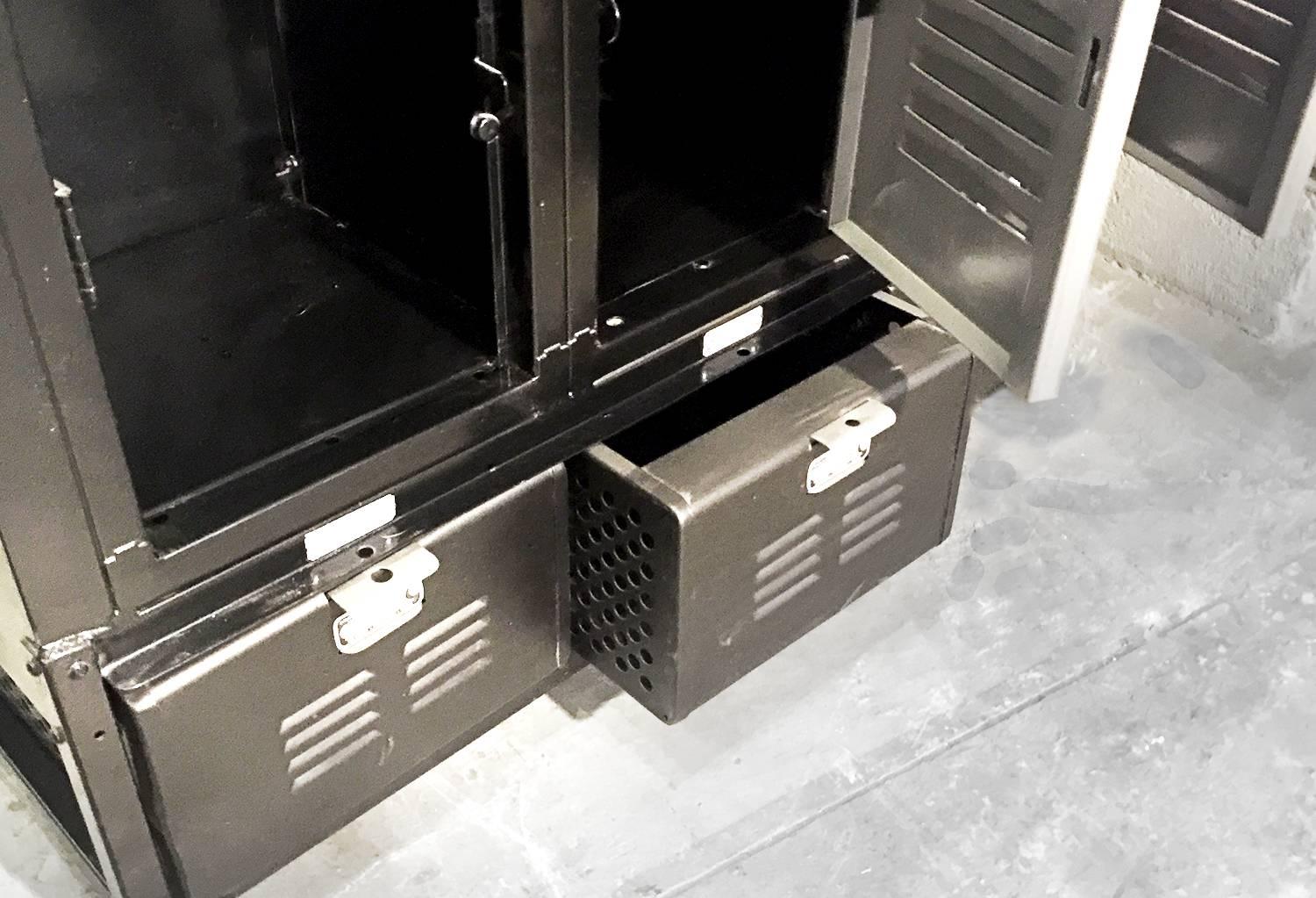 Powder-Coated Vintage Column Locker Unit Refurbished in Black and Silver