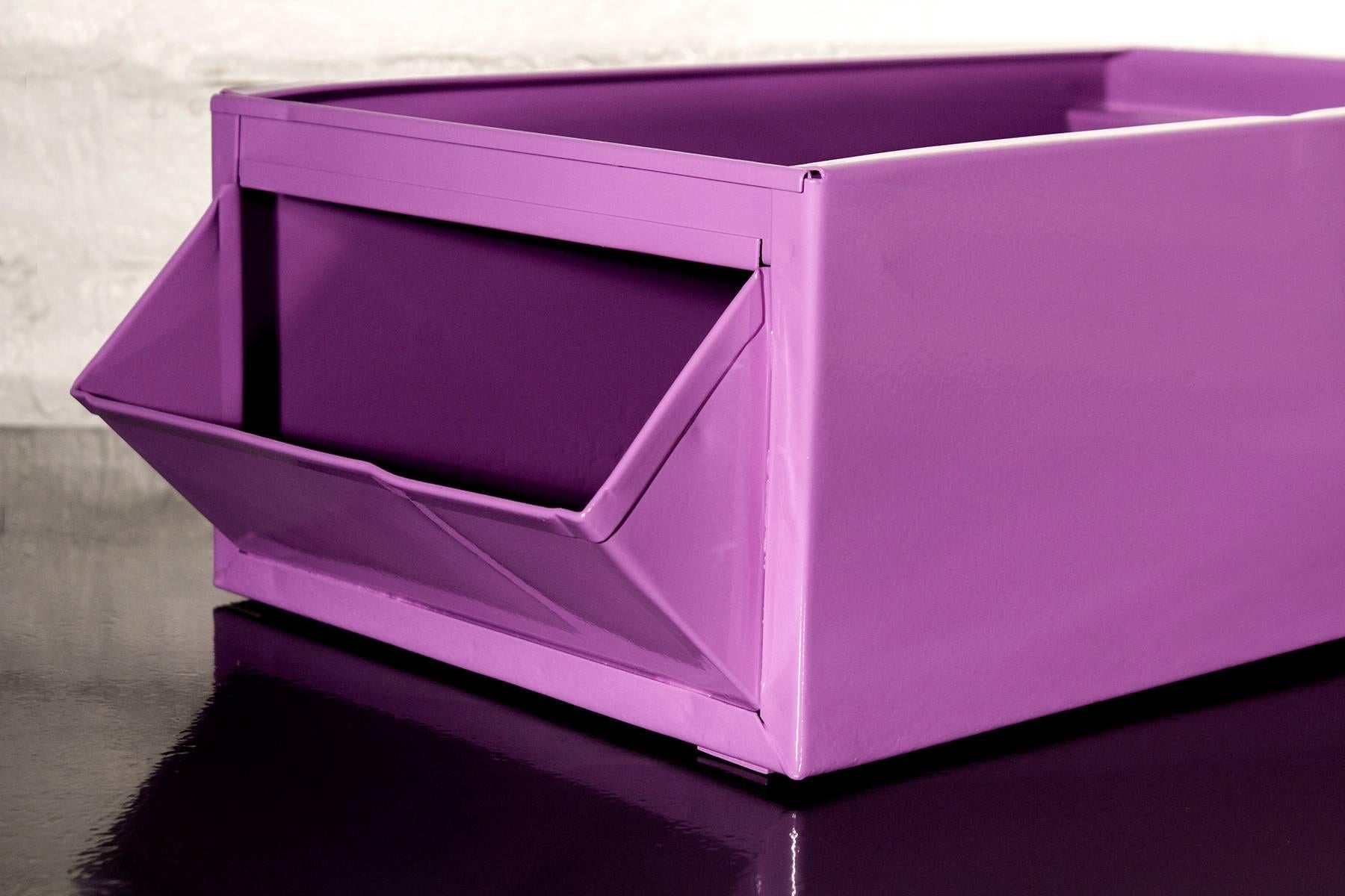 We refinished our 1940s industrial mail bin in a fresh gloss lilac powder coat. This classic, heavy-duty steel organizer is sure to keep your retro office in tip-top shape.